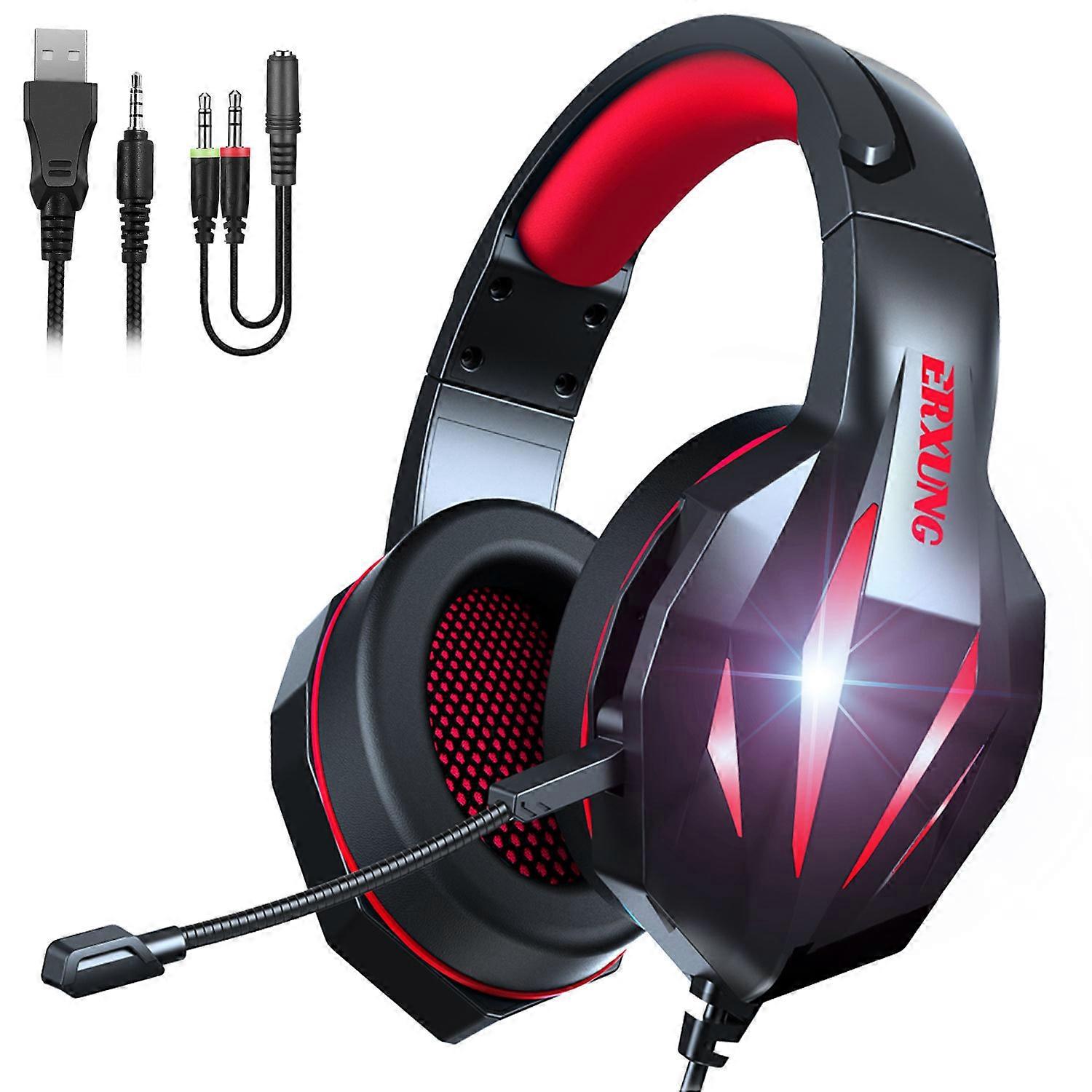 Gaming Headset Stereo Surround Sound for PS5 PC, Over Ear Headphones with Mic and Noise Reduction, LED Light, Bass Surround, Soft Memory Earmuffs for 