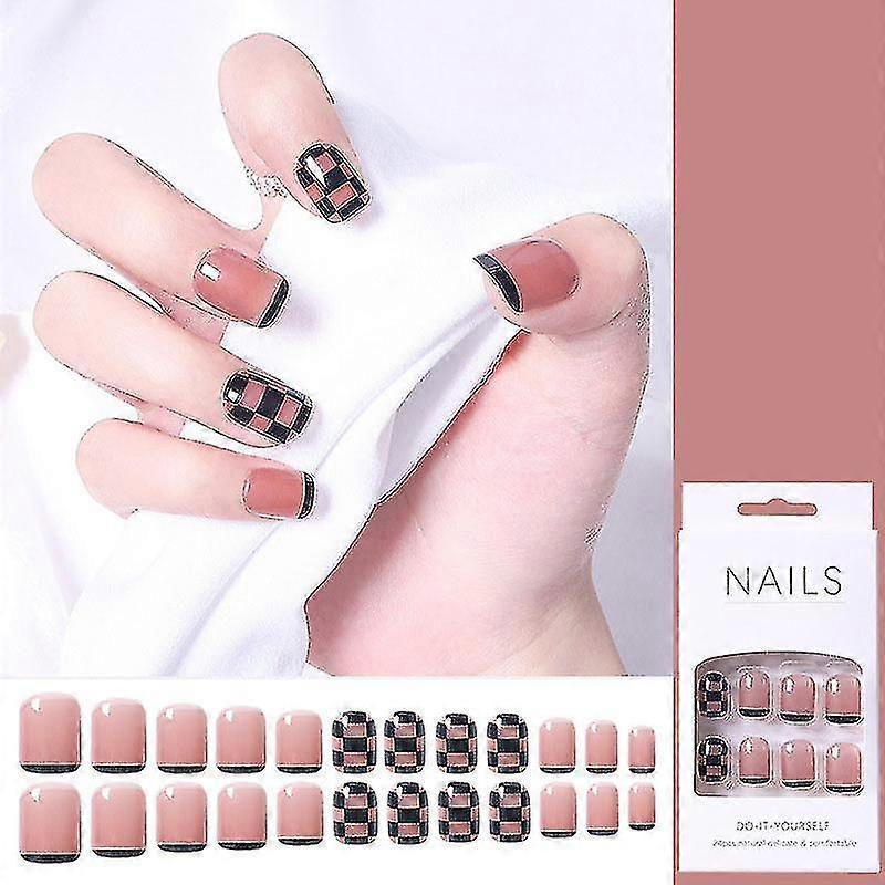 48 Pieces Reusable Faux Nails - Full Coverage Nails - Red And Black Checkerboard Pattern