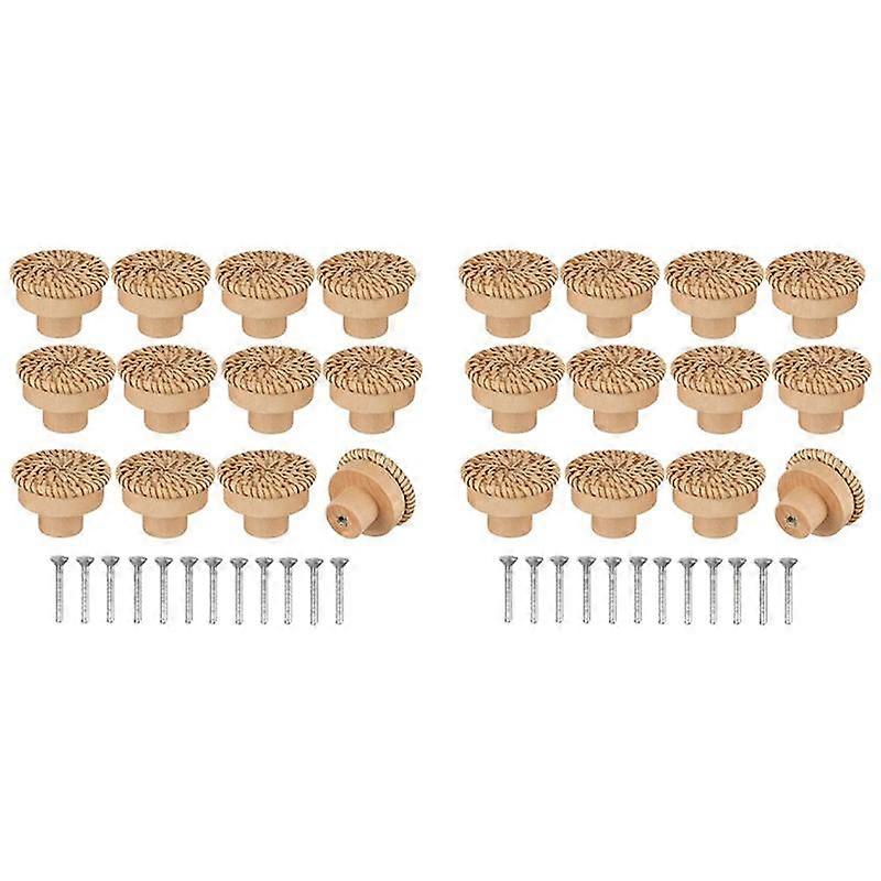 Boho Rattan Dresser Knobs Round Wooden Drawer Knobs Handmade Wicker Woven and Screws for Boho Furni