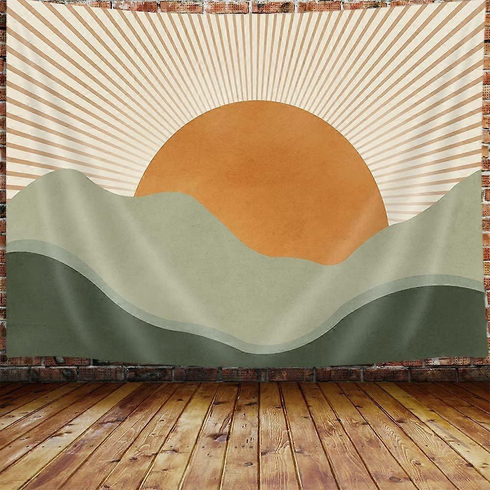 Boho Sage Green Tapestry, Abstract Mountain Golden Sun Nature Tapestry Wall Hanging for Bedroom, Modern Minimalist Landscape Tapestries Poster Blanket