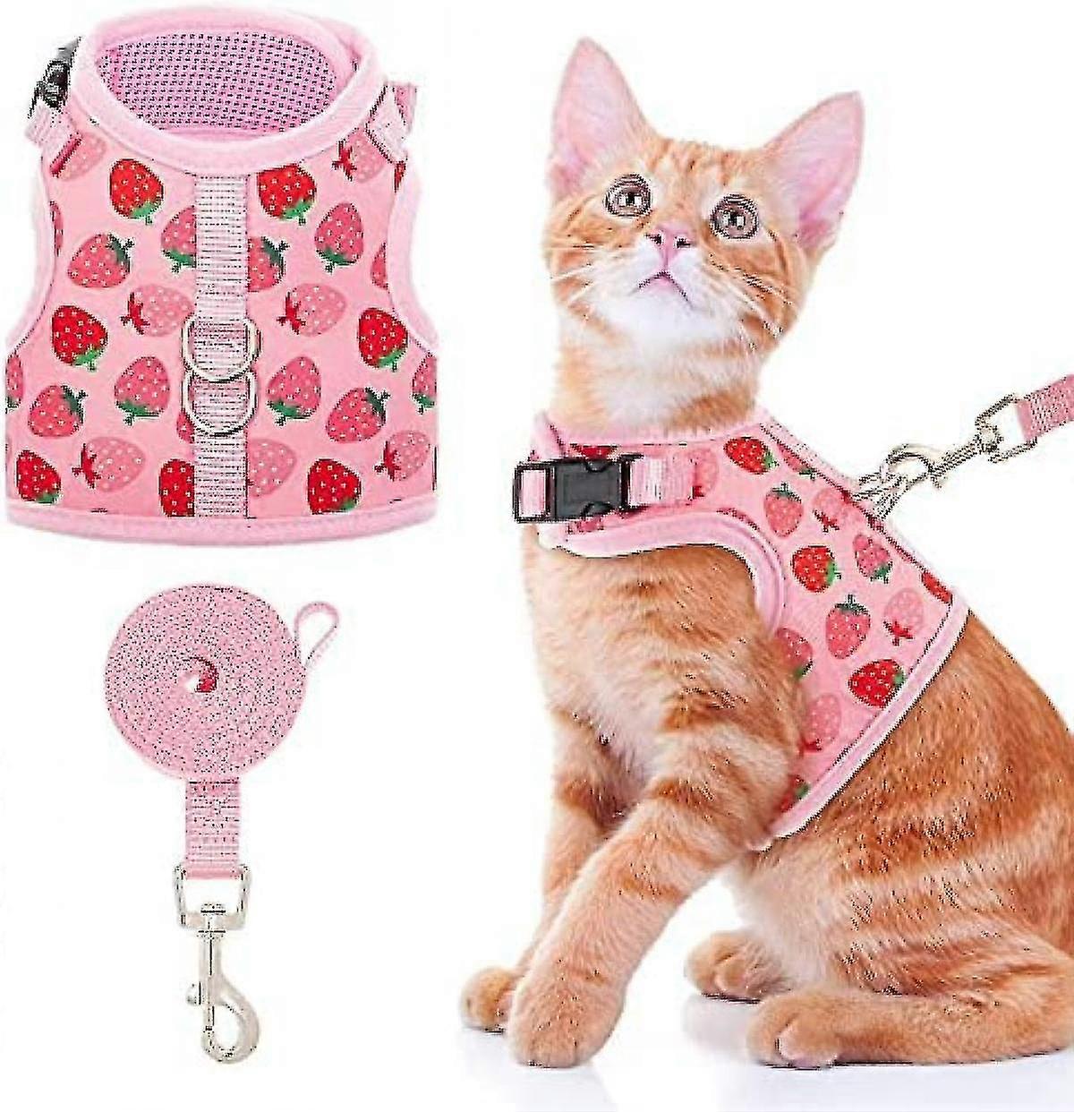 Katzengeschirr mit Leine Fluchtschutz - Modisches Netz Katze Hund Walking Geschirr Leads, einstellbar für Kätzchen Welpen Kleine Tiere, Erdbeere, l