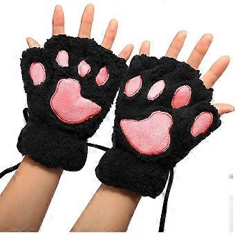 WJTG Frauen Bär Plüsch Katze Pfote Klaue Handschuh Weiche Winter Handschuhe Fingerlose Handschuhe (Schwarz)J