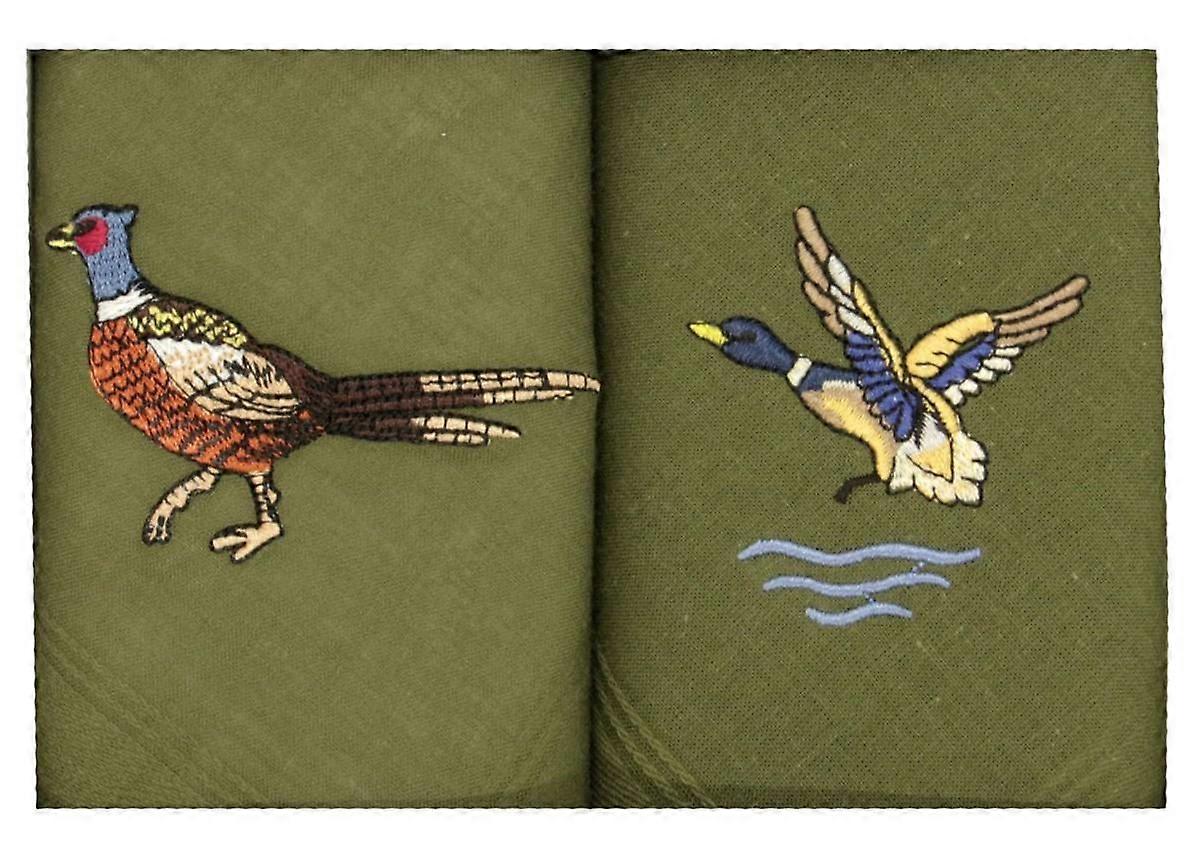 David Aster Pheasant and Duck Country Embroidered Cotton Handkerchief Set - Green