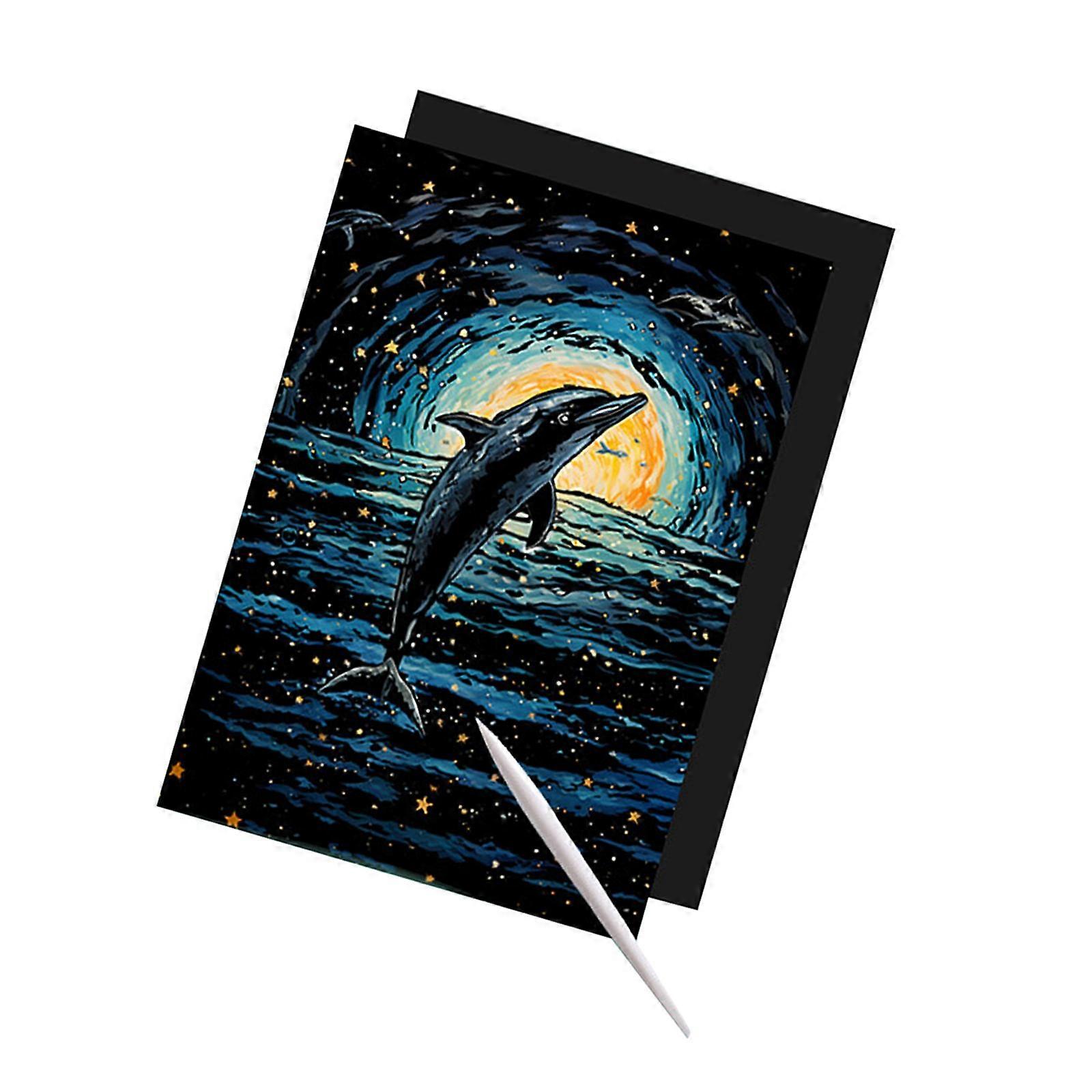 Scratch Paper Art Set with Night View Effect Educational Black Scratch Sheet Dolphin