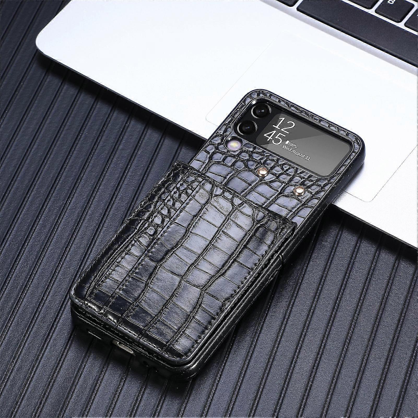 Crocodile Pattern Case Compatible With Samsung Galaxy Z Flip 4, Pu Leather Protective Cover With Card Slot Black