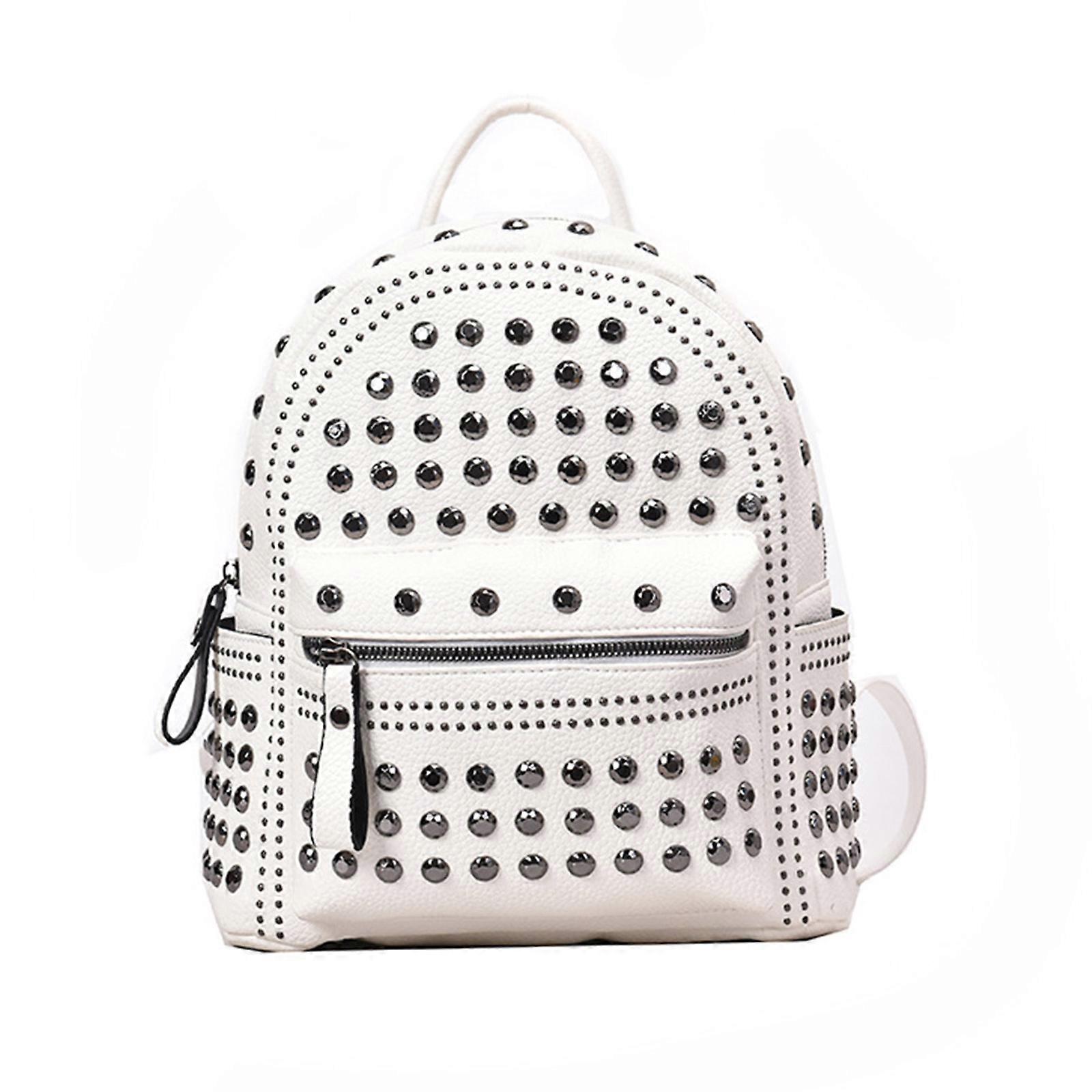 Solid Color Satchel Rivet Studded School Bag PU Leather Backpack for Travel
