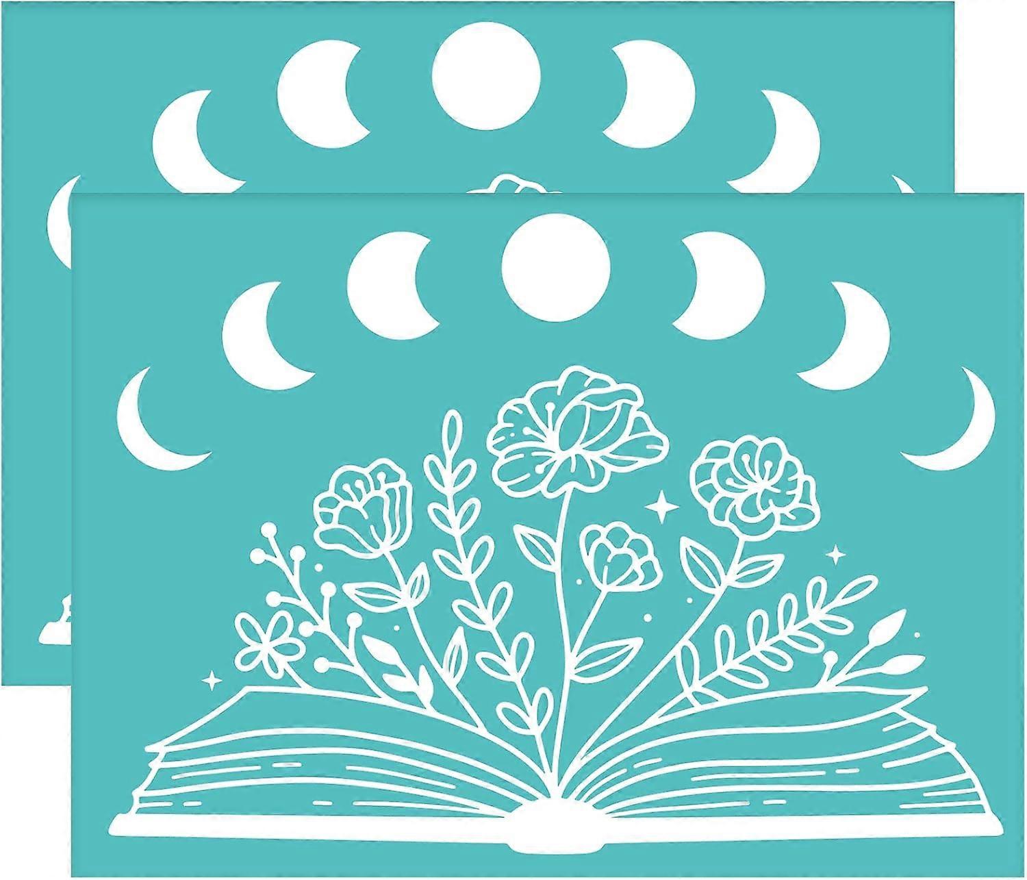 2pcs Self-Adhesive Silk Screen Printing Stencils Flower Book Moon Pattern Stencils Washable Reusable Sign Stencils for Printing on Wood DIY T-Shirt Pi