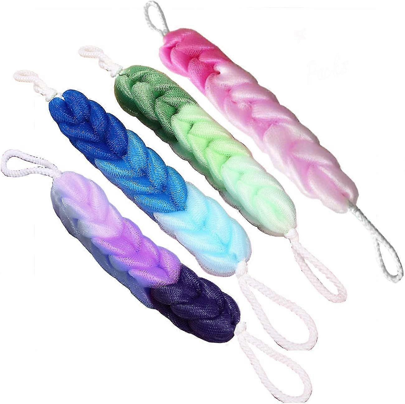 4パックロングストレッチバックスポンジ、ロープハンドル付きバックスクラバーボディスポンジ入浴用、バスシャワーメッシュスポンジボディディープクリーニング男性と女性用-