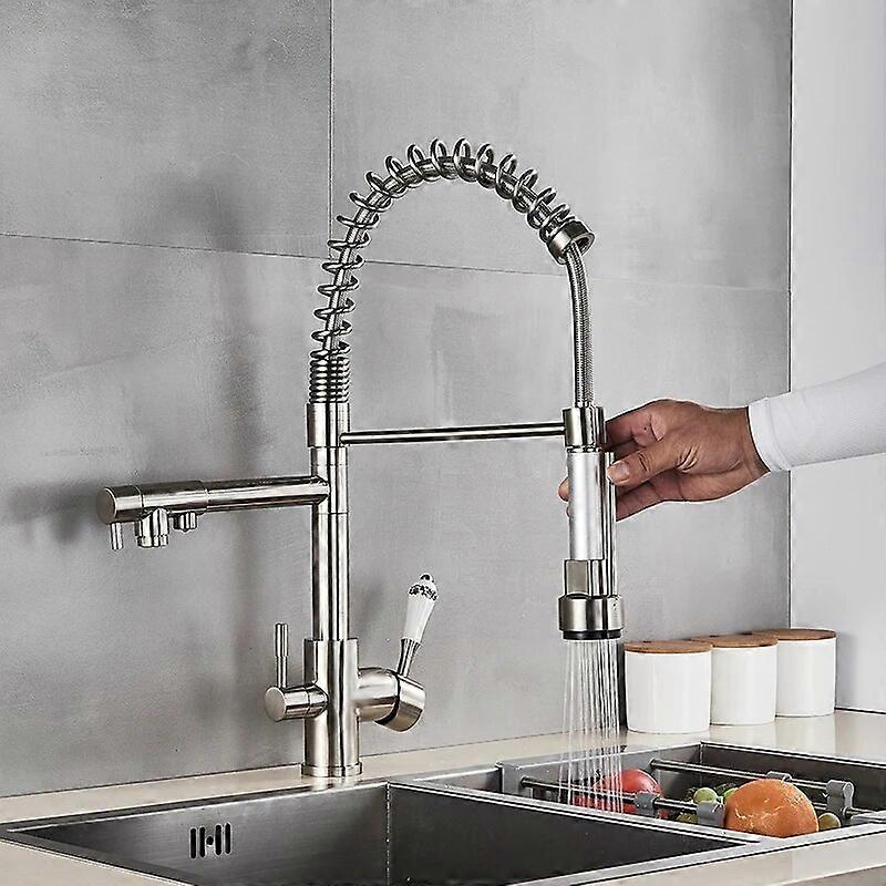 Brushed Nickel Kitchen Faucet Filter Purification water Kitchen Faucets Dual Spout Spring Pull Down Hot Cold Water Mixer Tap