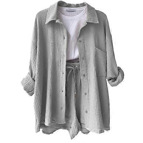 Women 2 Piece Pants Set Linen Shirt and Drawstring Shorts Set