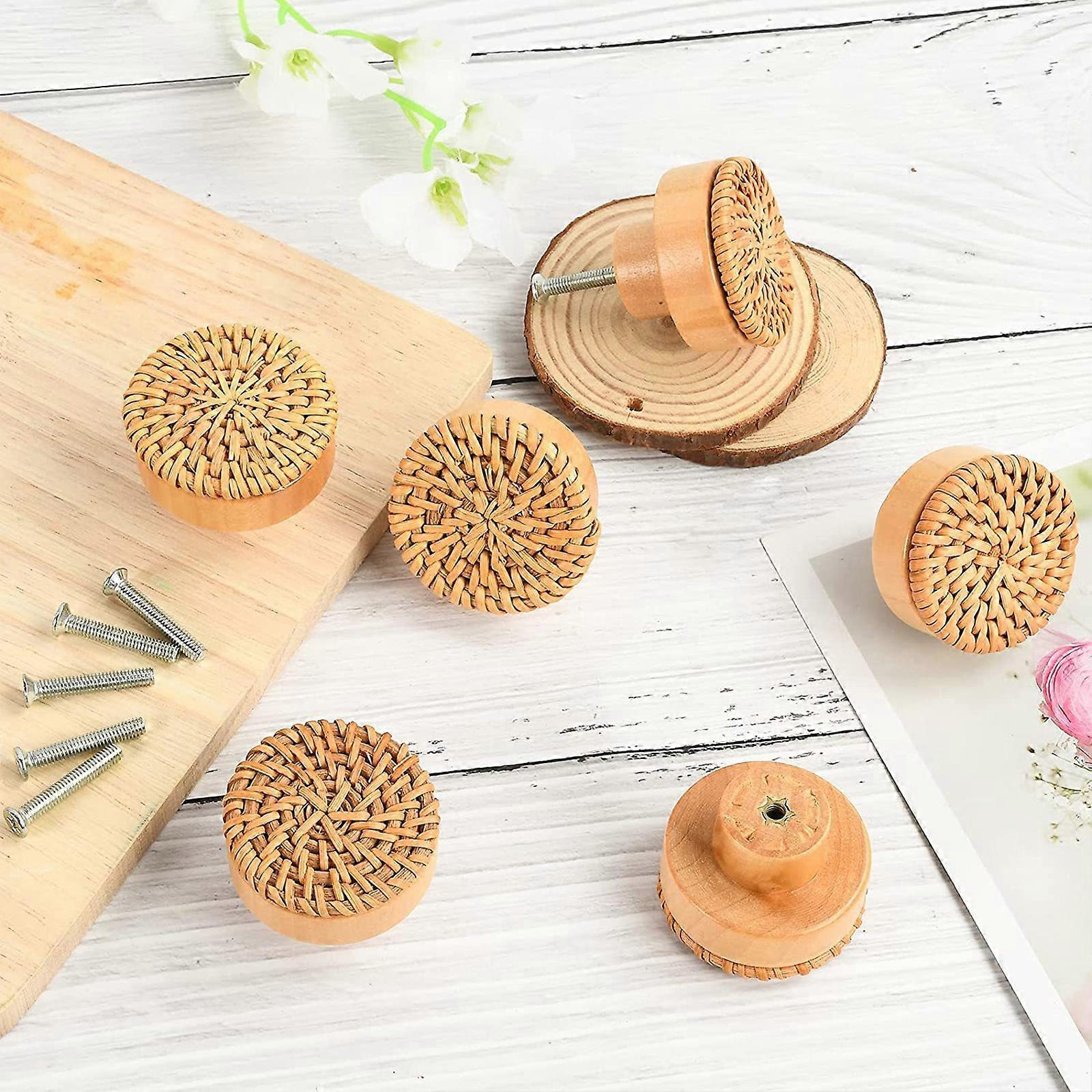 New Boho Rattan Knobs for Dresser Drawers, 6pcs Wood Round Cabinets Knobs Pulls Handmade Wicker Woven