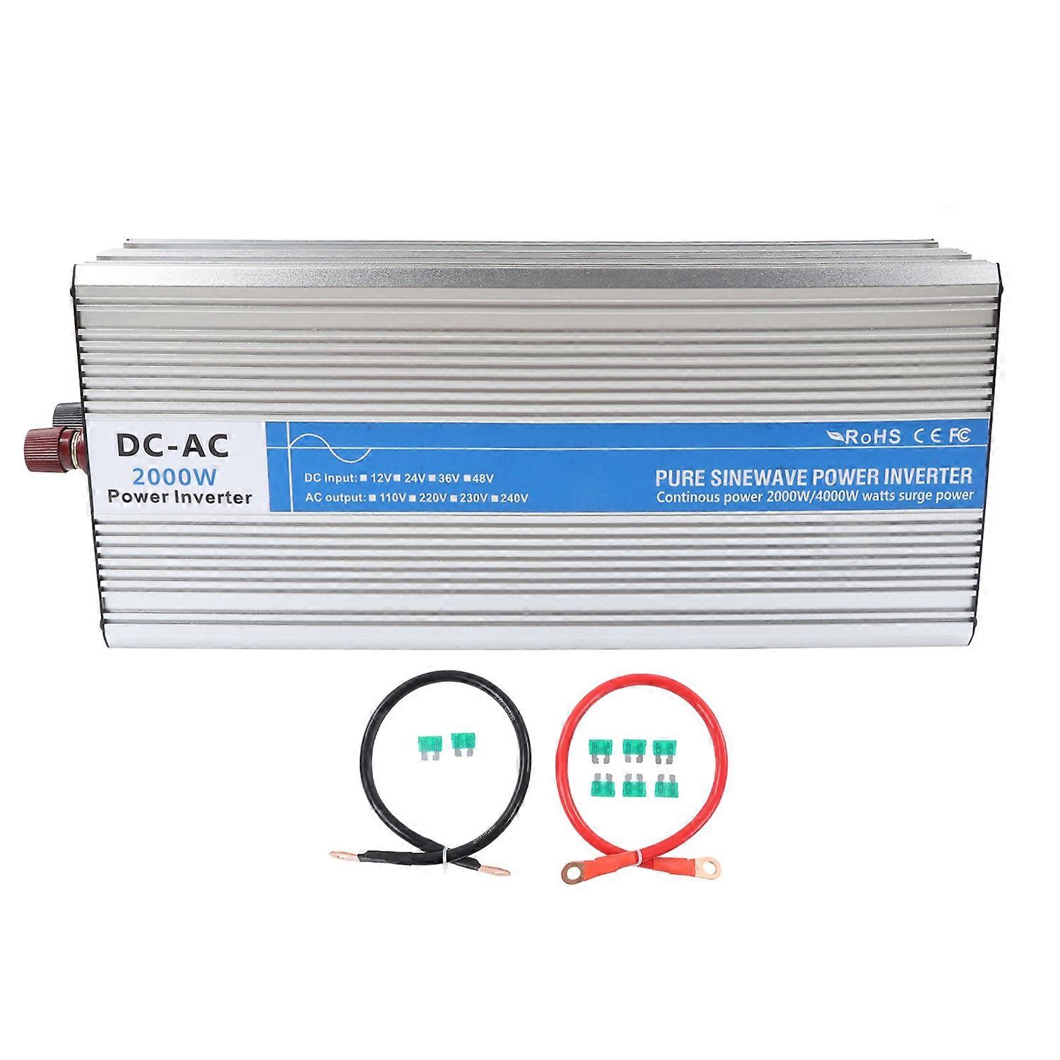 2000W Pure Sine Wave Inverter 2 AC Socket LED Display Car Power Converter with 5V 2.1A USB Port DC12
