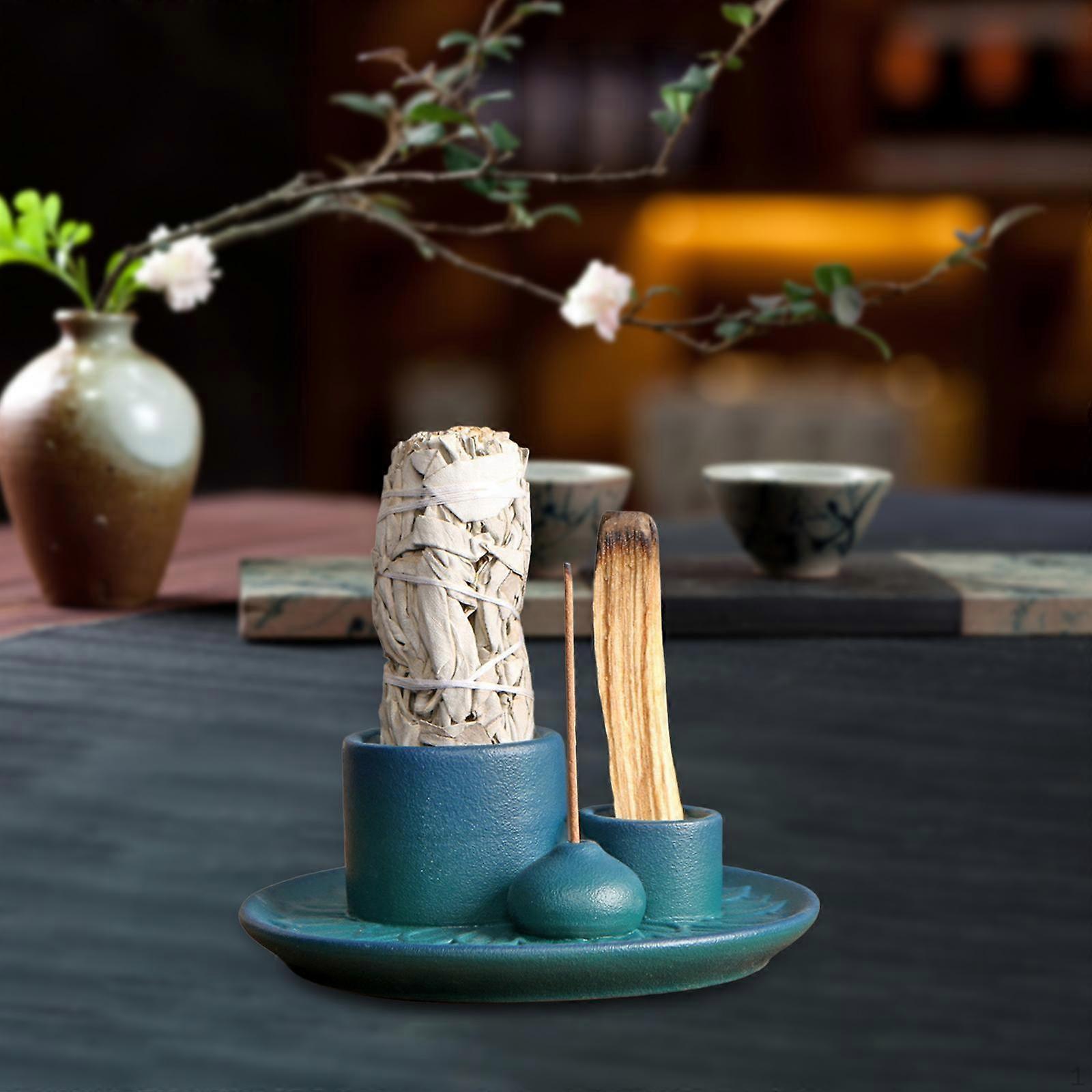 4 in 1 Incense Burner Sage Palo Santo Holder Desktop Candles Ceramic Censer for Farmhouse