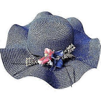 Beach Hat Women's Sun Hat Flower Straw Hat Outdoor Large Eaves Sun Protection Beach Hat Gardener Sun Hat(Blue,M)