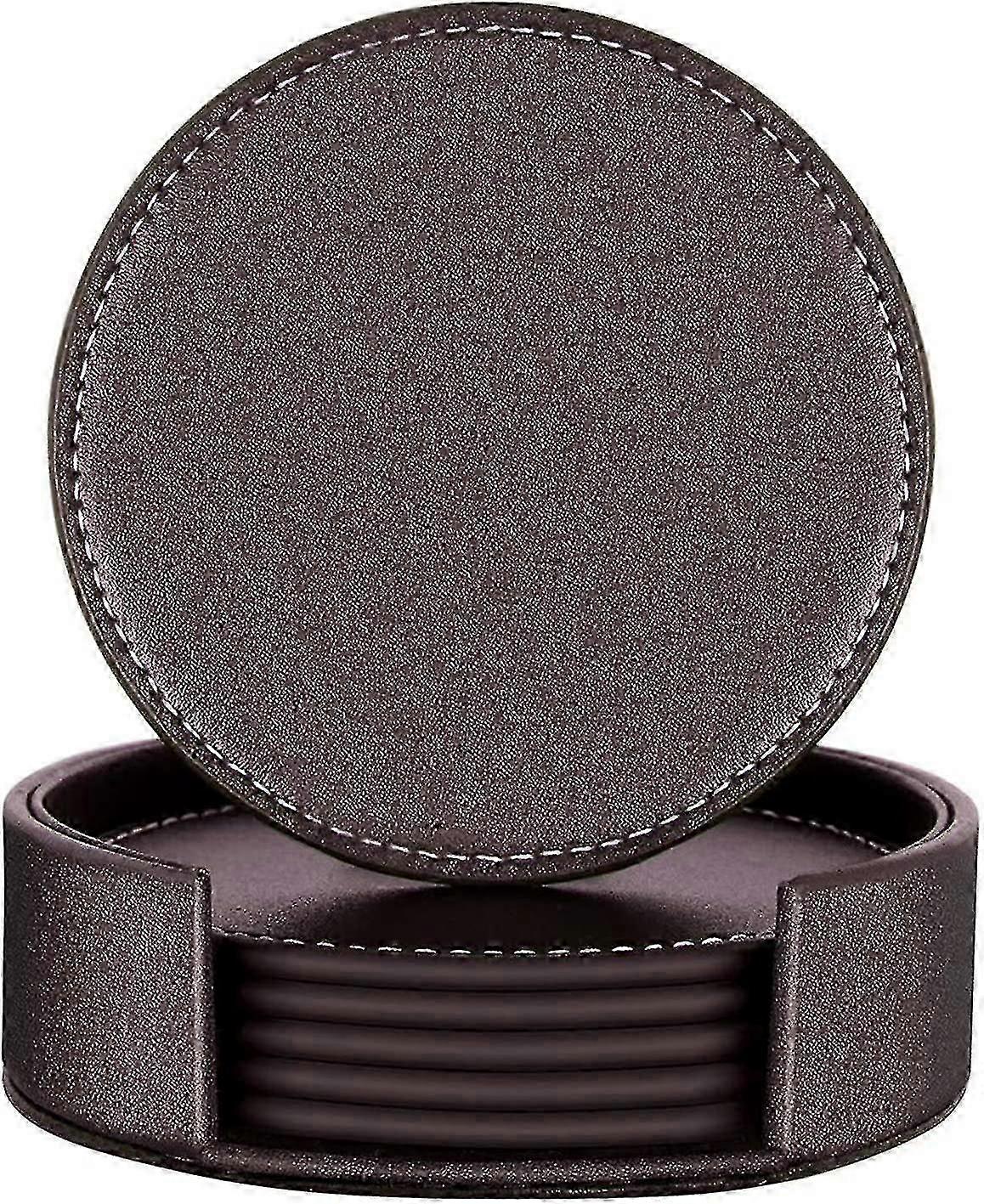 Set Of 6 Round Faux Leather Coasters With Drink Holder, Brown, Coaster