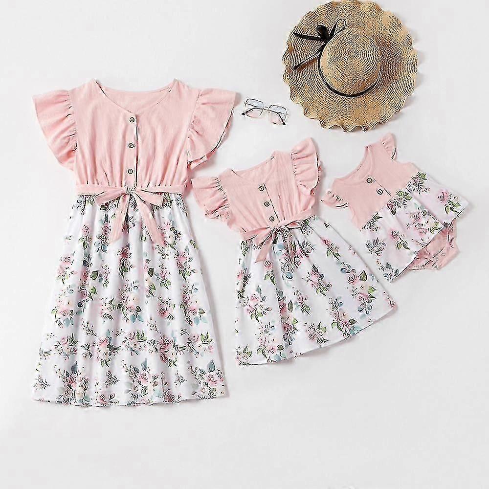 Patpat Mosaic Flutter-sleeve Pink Stitching White Floral Matching Midi Dresses