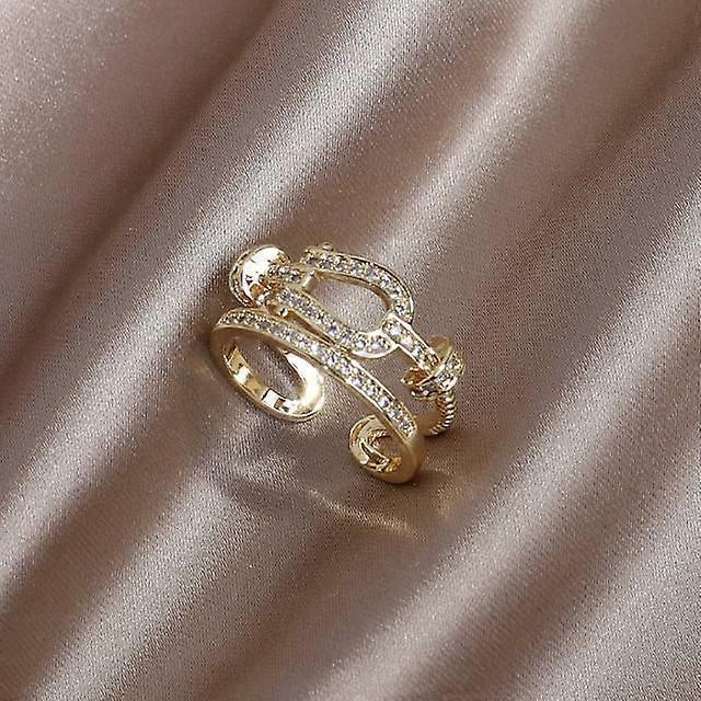 14K Real Gold Plating Exquisite AAA Zircon Geometry Double Ring Elegant Women's Wedding Party Opening Adjustable Ring
