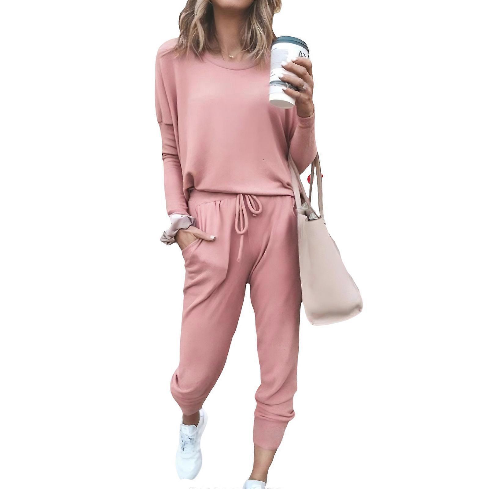 Moda Felpa E Pantaloni Per Le Donne Loose Fit Tinta Unita Lounge Set Con Comode Maniche Lunghe E Joggers Rosa L