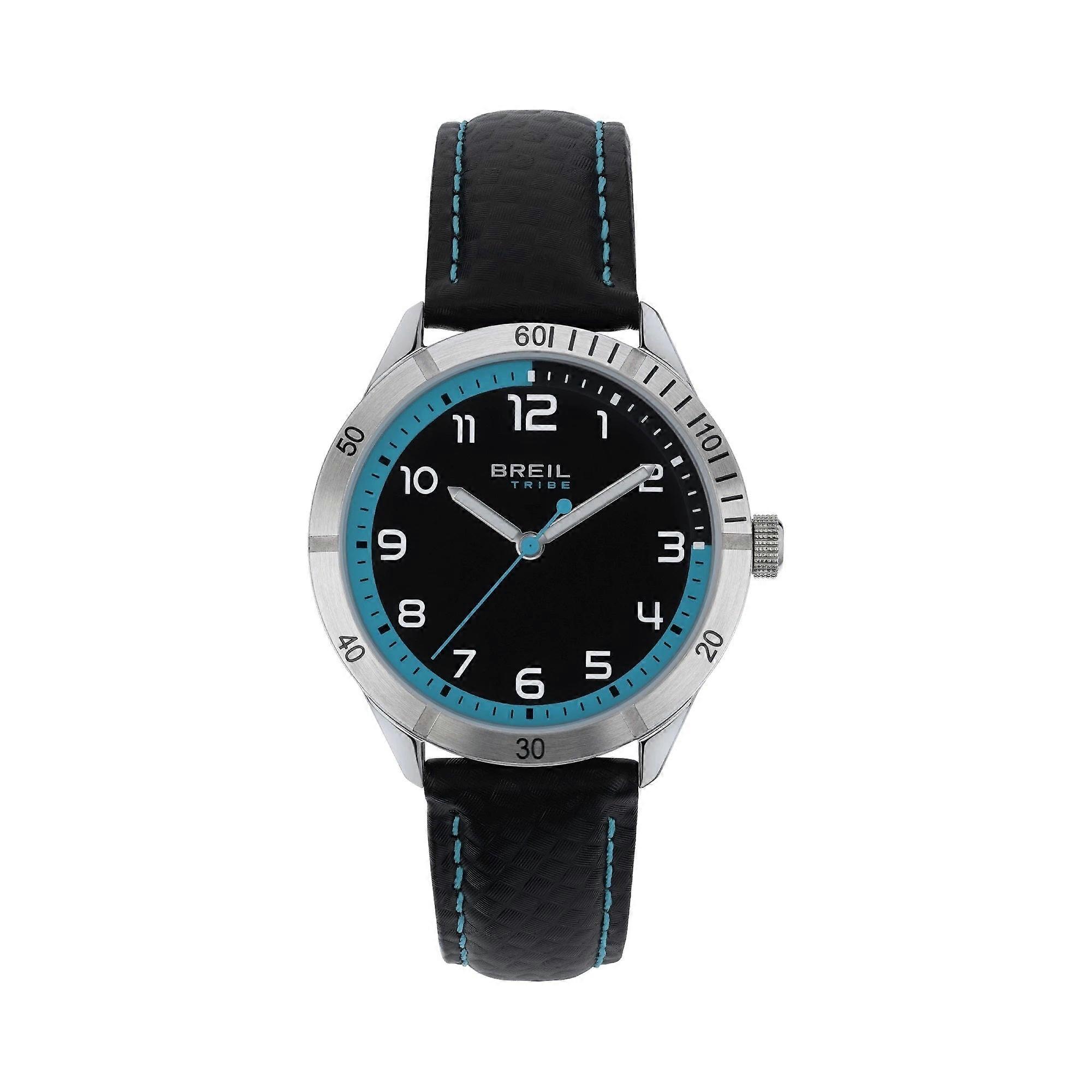 Breil Mate Ew0621 Men's Quartz Watch - 37mm Black Dial, Blue Accents, Carbon Fiber Leather Strap