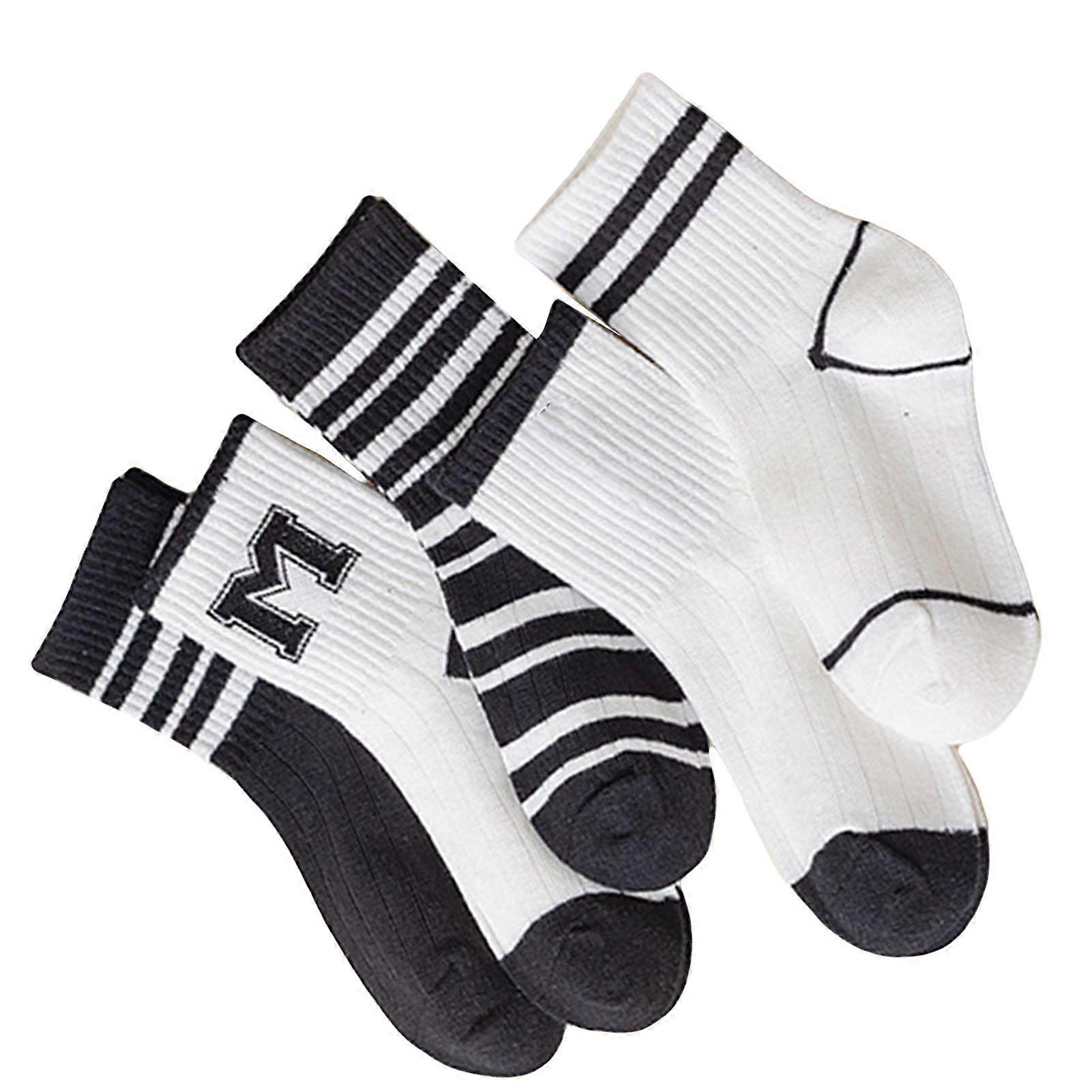 5 Pairs Kids Socks Soft Combed Cotton Black White Stripe Pattern Children Mid Calf Socks for Spring Autumn S: Applicable Age: 1‑3 Years Old, Size: 18