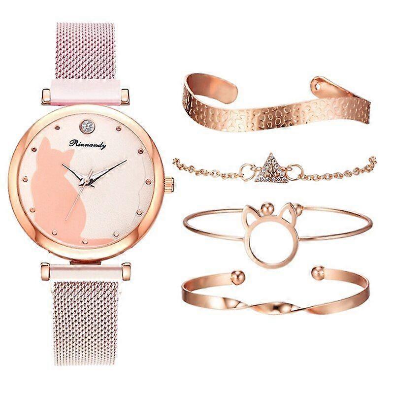 Women Watch Set 5Pcs Quartz Wristwatch Mesh Bracelet Cat Dial Luxury Women Watch Casual Ladies Clock With Bracelet Set