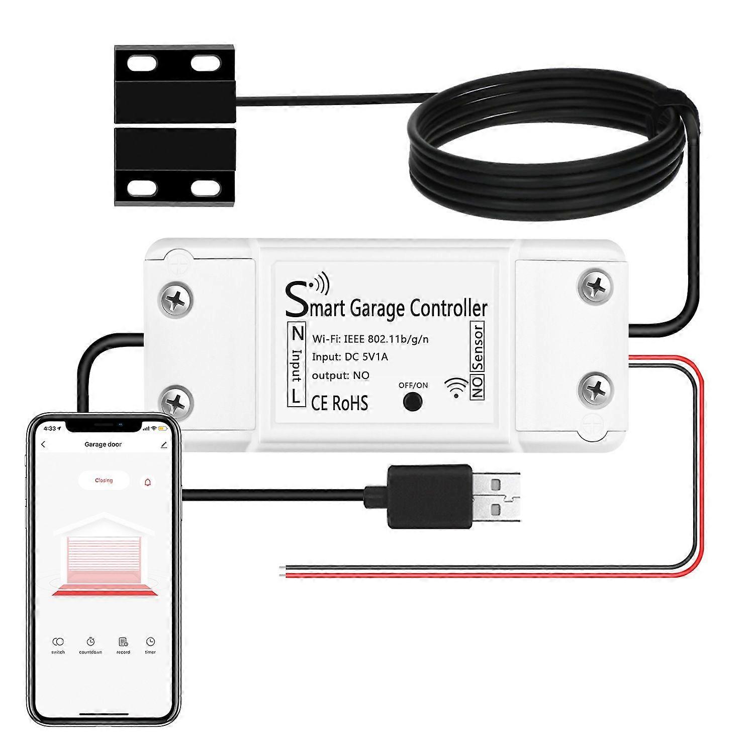 WiFi Connected Garage Door Opener WiFi Smart Garage Door Switch Compatible with Google Home Remotely Controlled Timer Function and Shared by Free APP