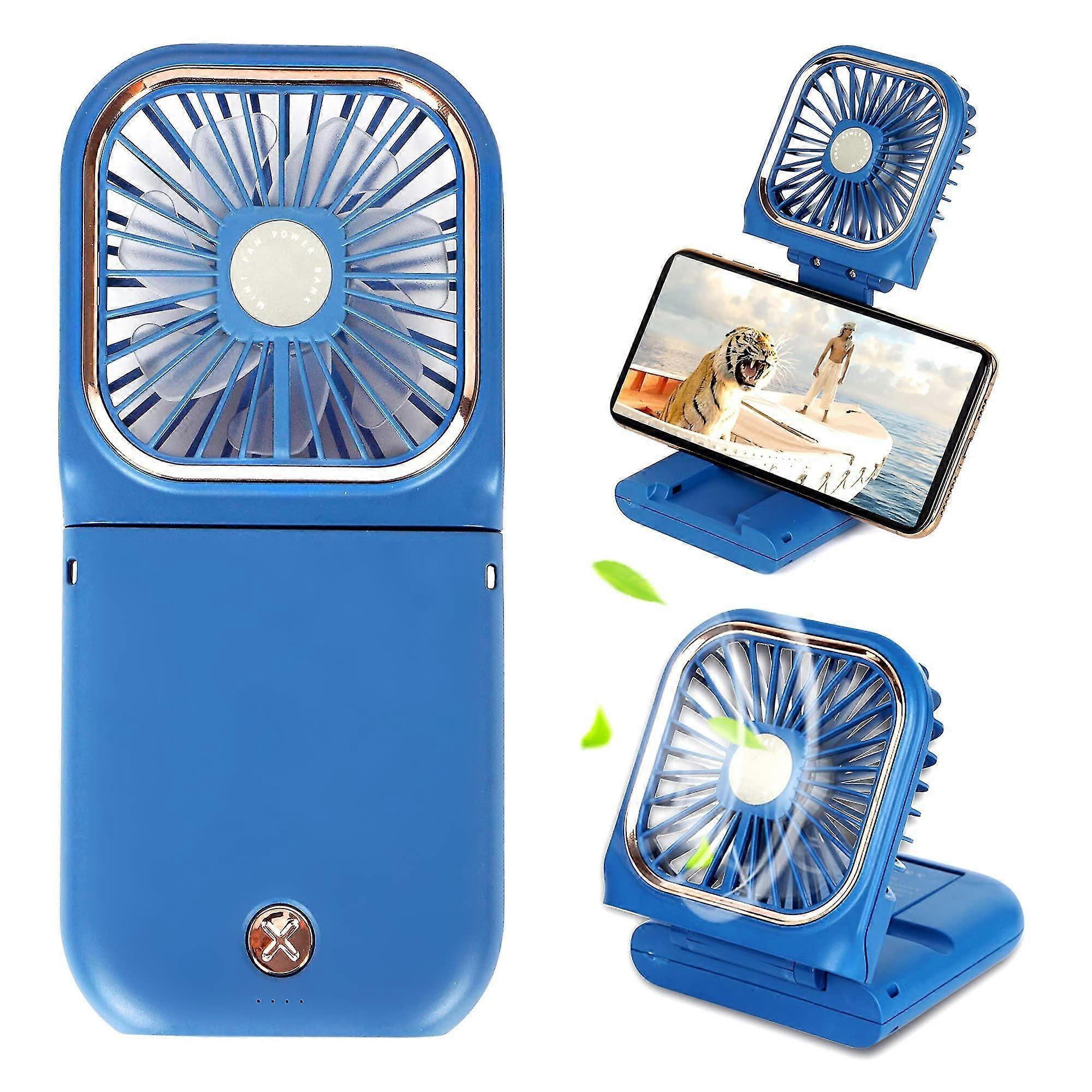Portable Mini Fan Small Battery Operated Fan 5 in 1 as Power Bank USB Rechargeable Hand Fans Blue