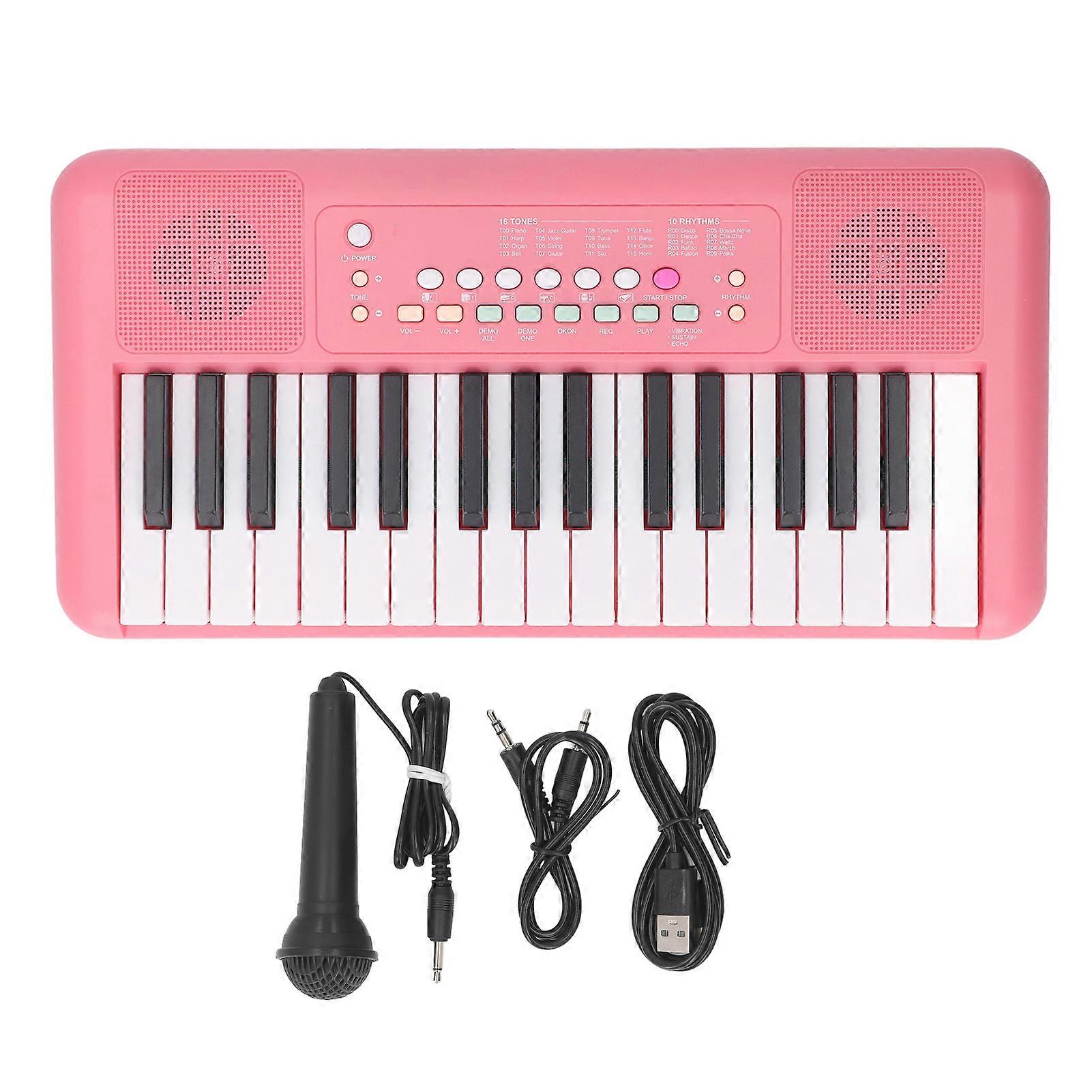 32-key electronic keyboard, 16 sounds, 10 rhythms, vibrato, sustain, echo effects, with microphone, strawberry red