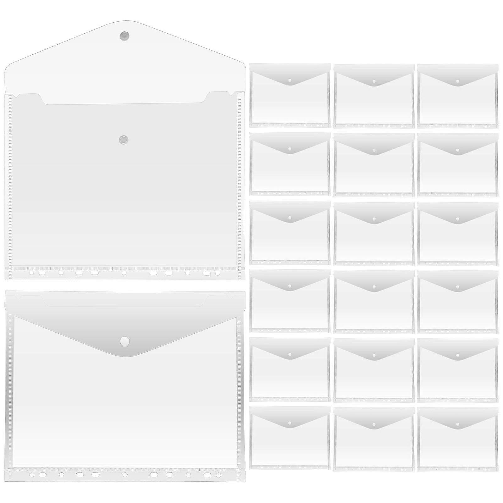 20pcs Clear Binder Pockets for Office School Supplies – Transparent Document Storage Envelopes with Snap Button Closure, Premium File Holders for