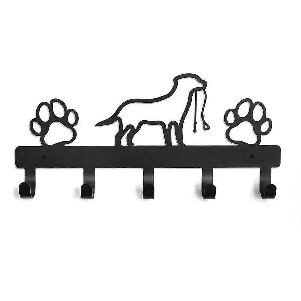 Wallmounted metal coat rack with paw motif, 5 pet hooks, towel holder, hat shelf, and clothing hooks