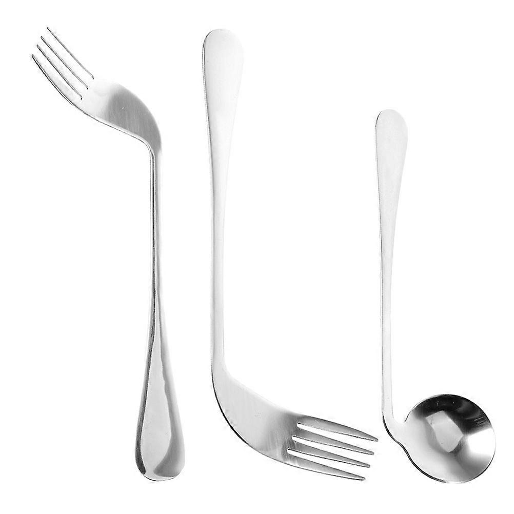 Adaptive Utensils Set For Elderly Self Feeding Assistance Bent Handles Silver 1Set