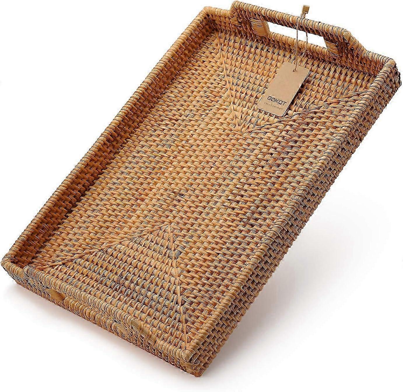 Hand-woven Rattan Rectangular Serving Tray With Handles For Breakfast, Drinks, Snack For Coffee Table