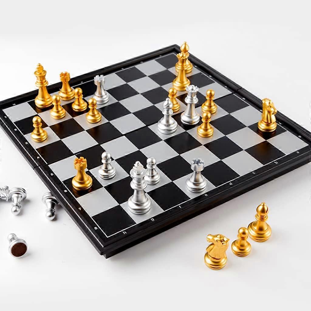 wooden chess set with foldable chessboard, pieces and storage box