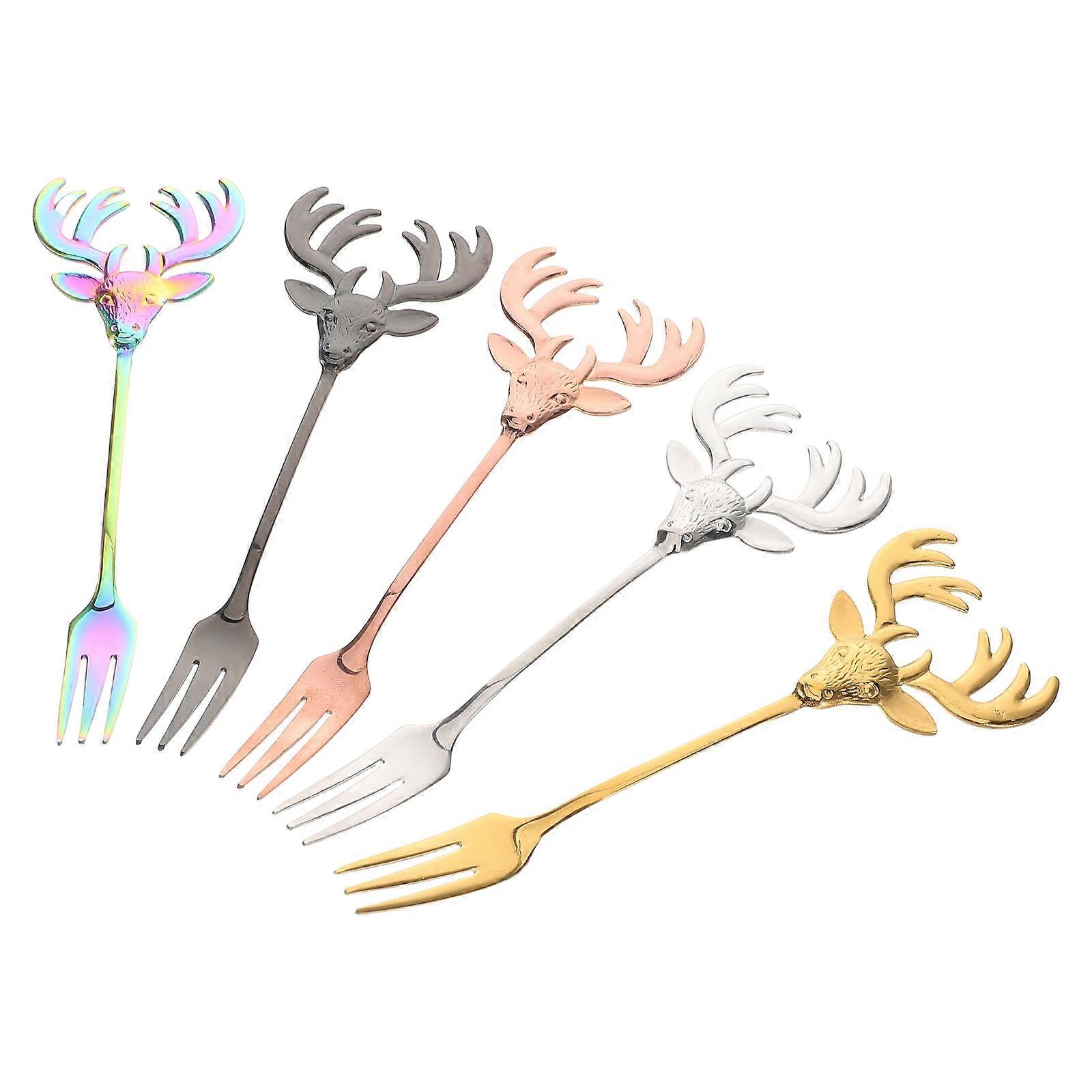 Sturdy Stainless Steel Fruit Fork Set with Adorable Reindeer Design for Home Use Multi Color 5 Pieces