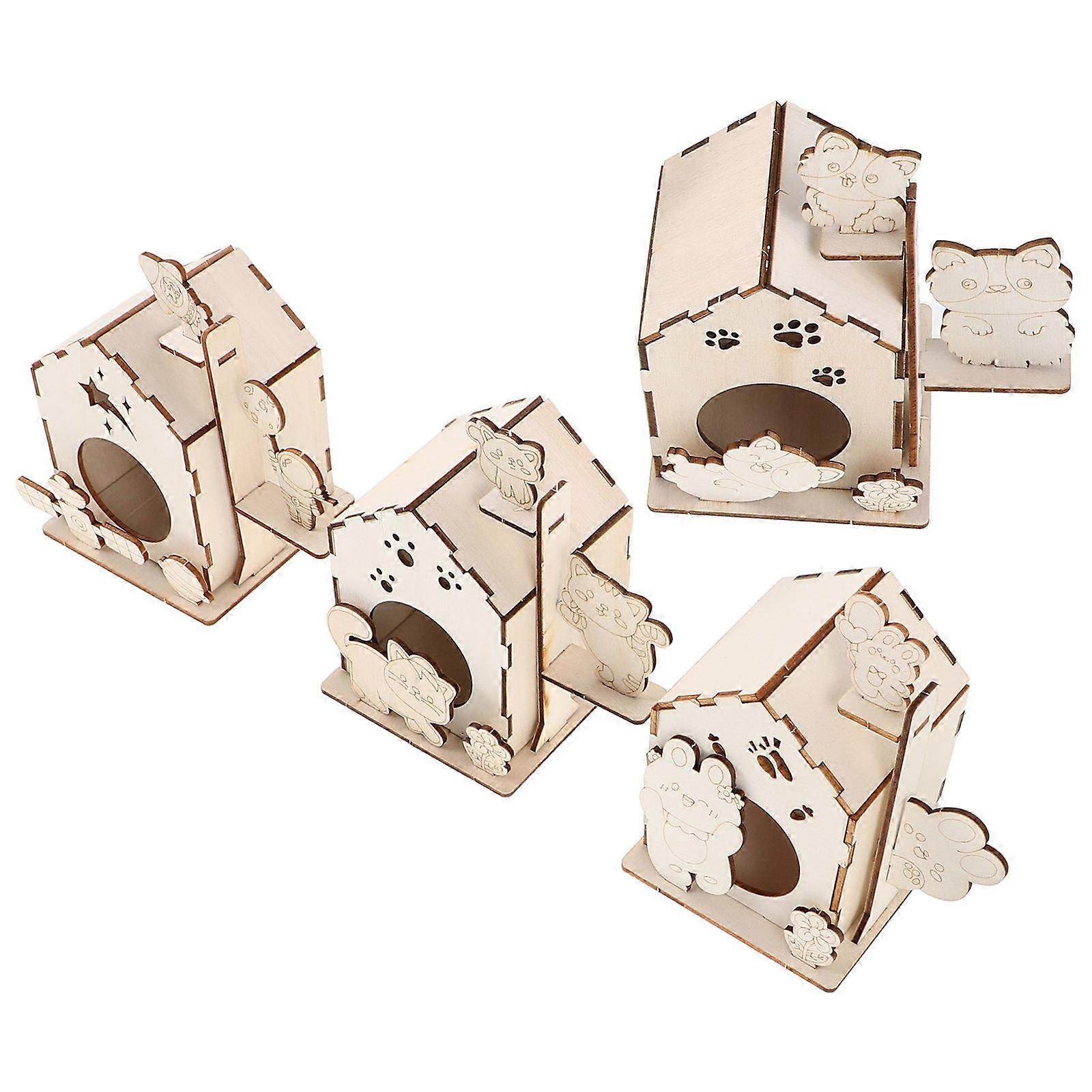 Sparrow Bird House Diy Wooden Set For Kids Creative Painting Toy Wooden Material 12.00X10.50X10.00CM 4Pcs