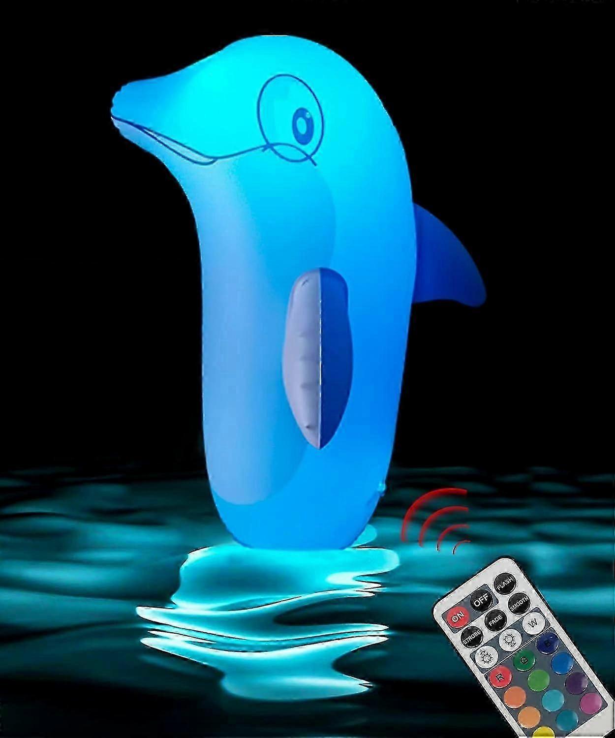 Light Up Pool Toys for Kids Adults Inflatable Dolphin Stand Up on Water Land with Tumbler Design / LED & Remote / 13 Colors Pool Floats Great for