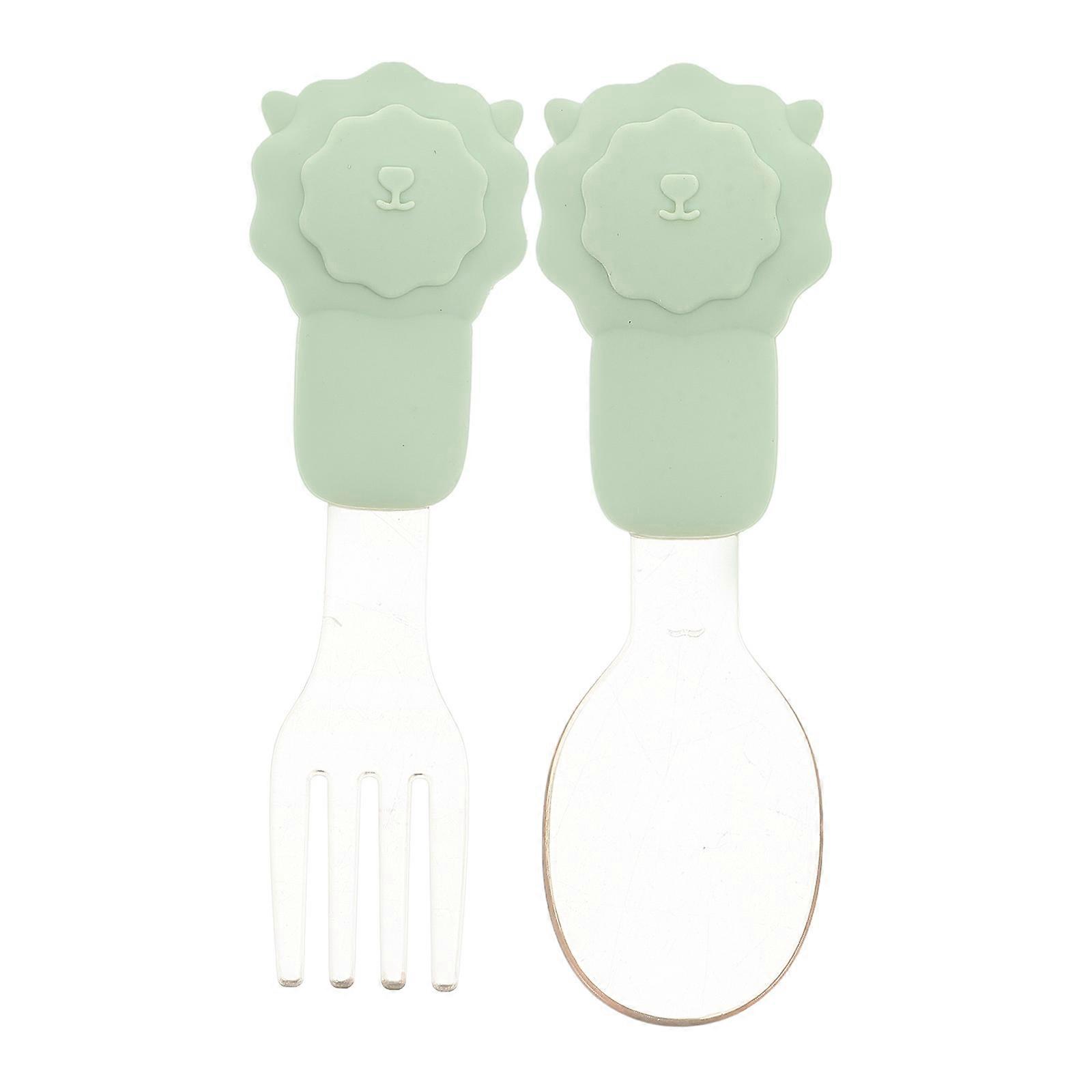 Toddler Silverware Set with Lion Design Baby Fork and Spoon Made of PP and Silicone Light Green