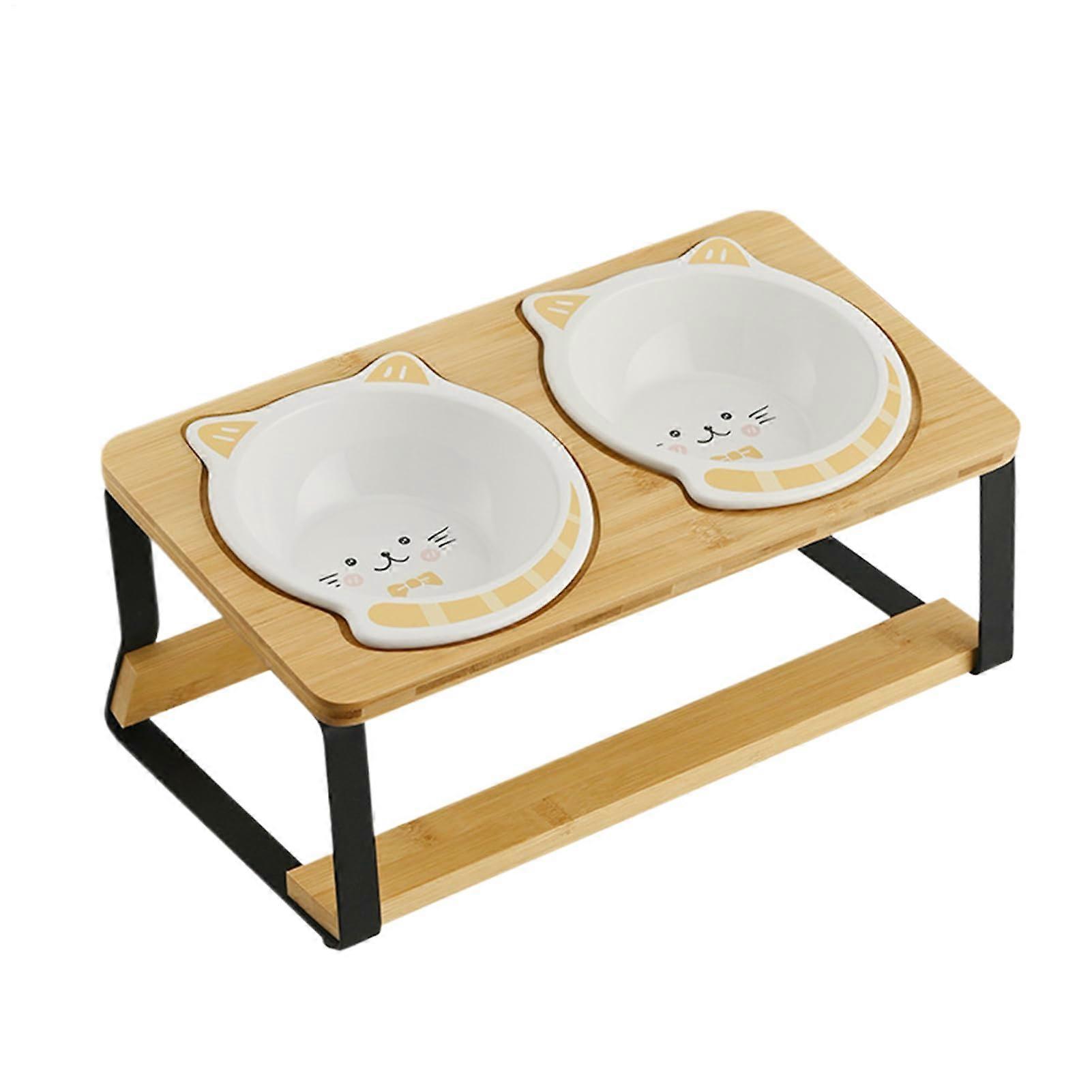 Raised Cat Bowl with Adjustable Height, Ceramic Double Feeding Bowl and Leak-proof Wooden Mat for Kittens and Puppies
