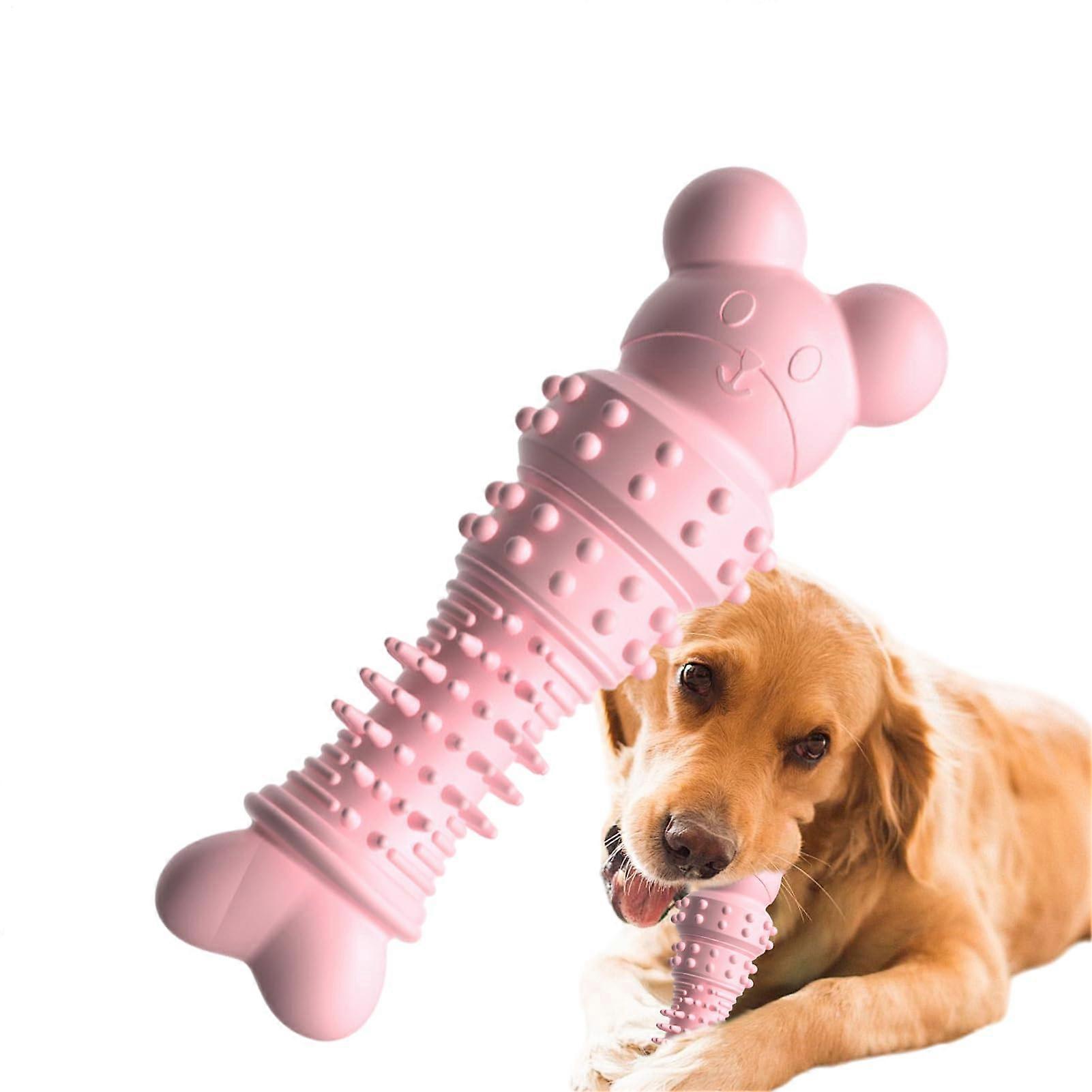 Bite Resistant Dog Toy for Aggressive Chewers | Interactive Puppy Teething Bear-Shaped Bone in Pink for Indoor and Outdoor Use
