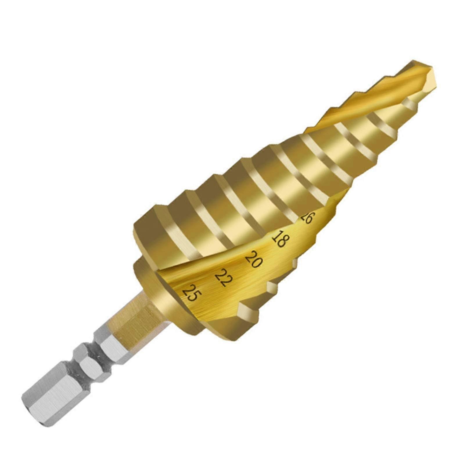 Router Bits 6-25mm HSS4241 Coated Spiral Groove Step Drill Bit with 1/4" Hex Shank and Protection Cone