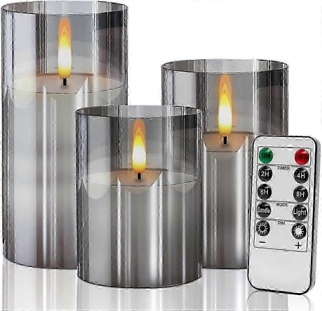 Realistic Gray Glass Flameless Candles with Remote Control & Moving Wick Effect, Set of 3 Battery-Operated LED Candles for Home Decor