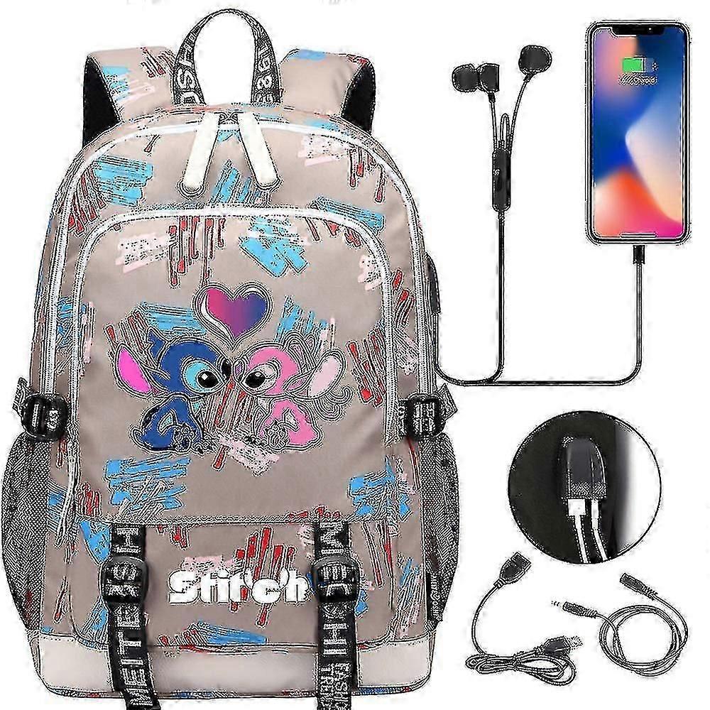 Stitch Print Backpack with USB Port, Versatile for School, Travel, and Laptop Use by All Ages