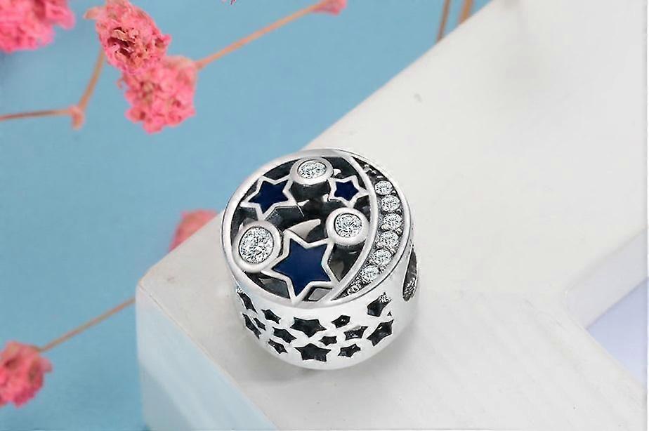 Armband 925 Silber Openwork Blau Emaille The Sky With Stars & Moon Charm Perlen DIY Schmuck
