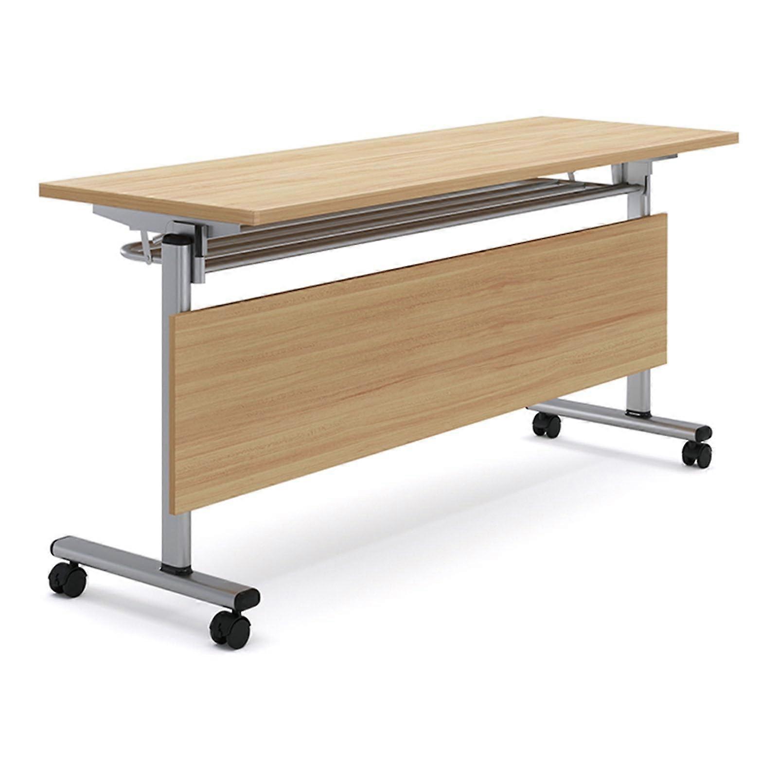 Mobile Folding Conference Table On Wheels Flip Design With Privacy Baffle And Shelf Wood Finish 140x50cm