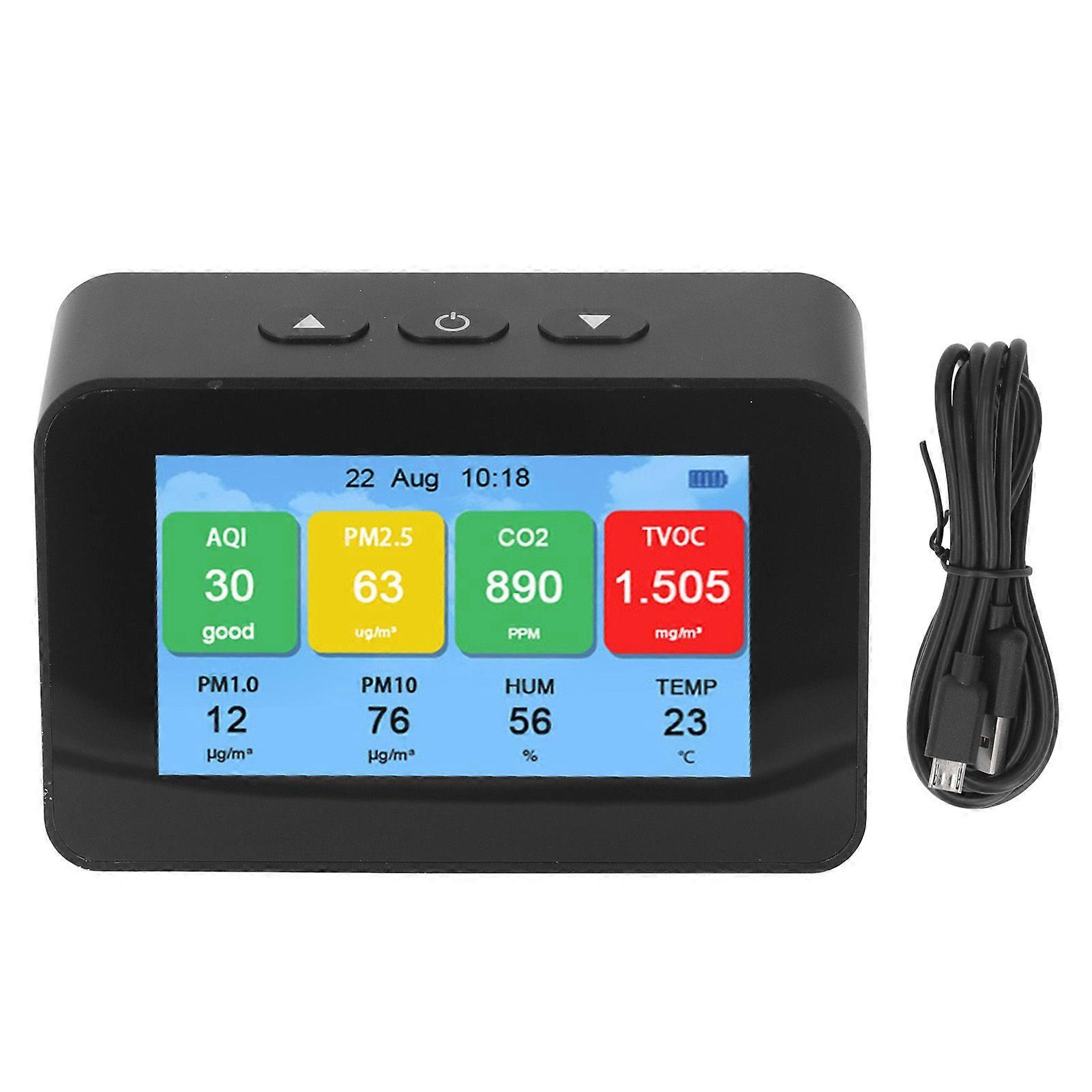 Air Quality Monitor with Time Display CO2 PM2.5 PM1.0 PM10 Tester LCD Screen Air Detector English Version
