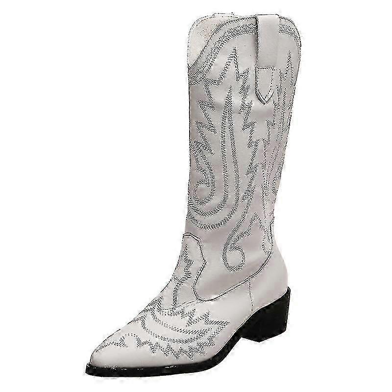 Femmes Mi-mollet Bottes occidentales Cowboy Bout pointu Genou Haut Tirer sur Bottes Dames 2022 Mode Broderie en cuir Botas Mujer 35-43