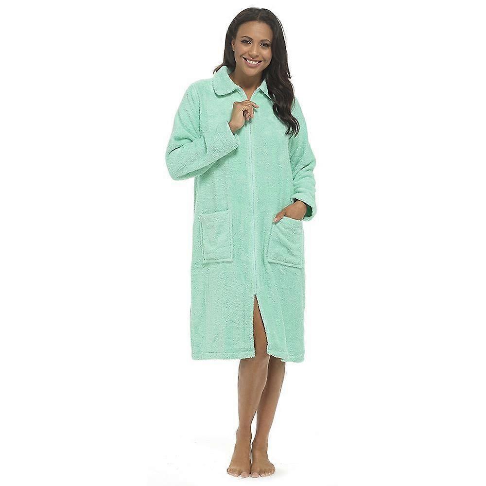 Ladies Towelling Bathrobe Front Zip Dressing Gown Long Sleeves & Deep Pockets
