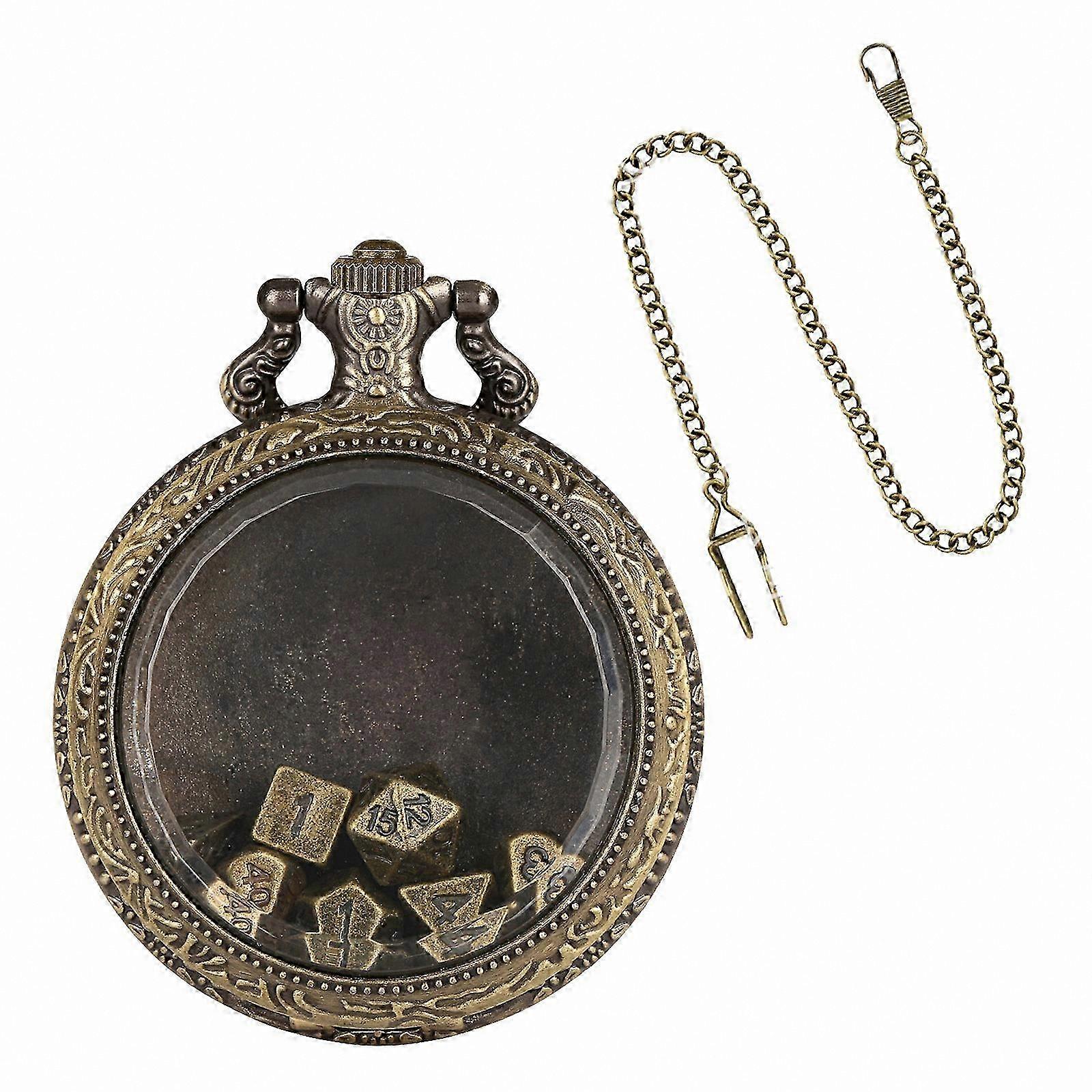 Vintage Round Pocket Watch Set with Dice and Chain for Gamers and Fashion Enthusiasts