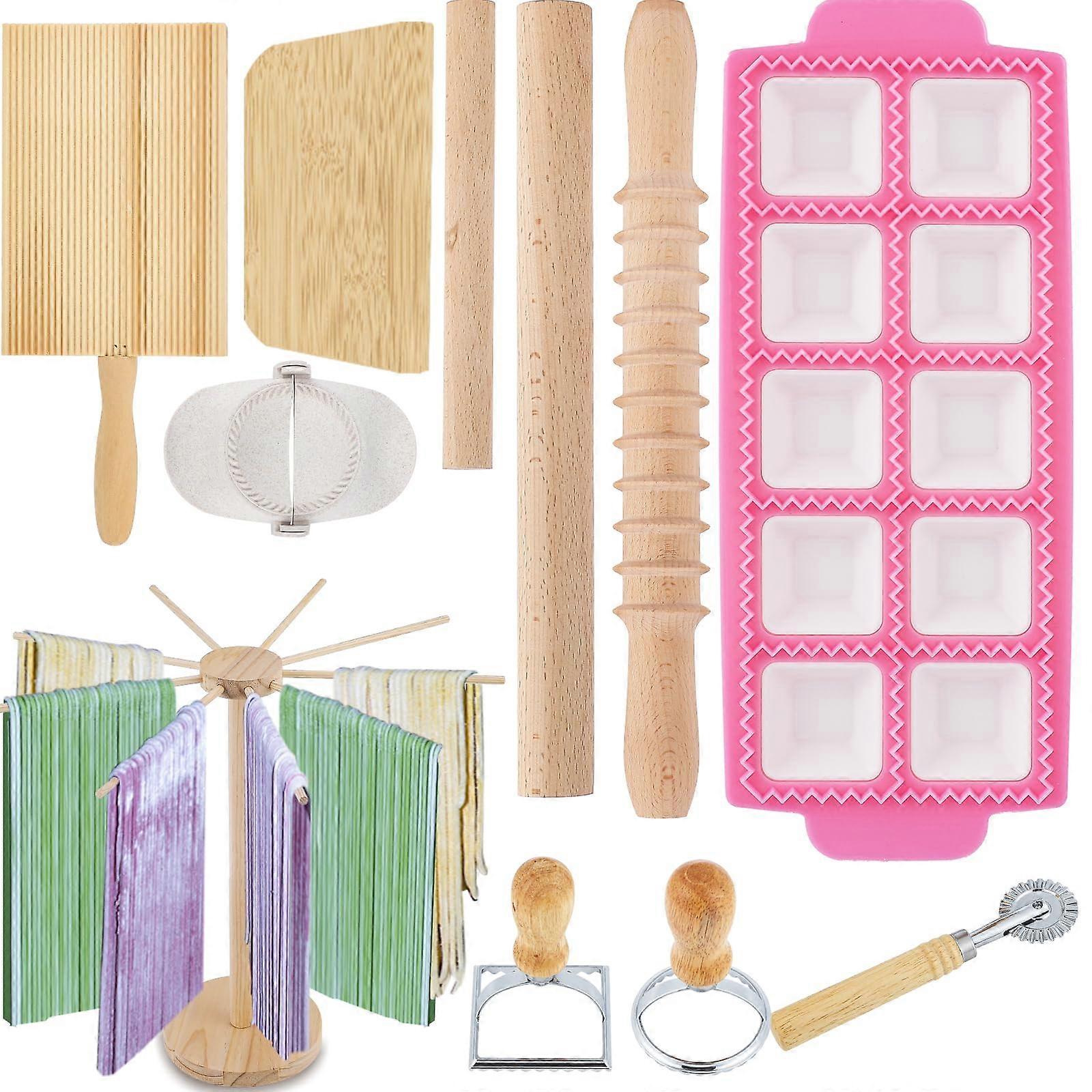 Pasta Maker Tool Set 11Piece With Drying Rack, Gnocchi Board, Ravioli Press, Dumpling Maker Tool, Dough Scraper, 3 Rolling Pins, 3 Pasta Stamps