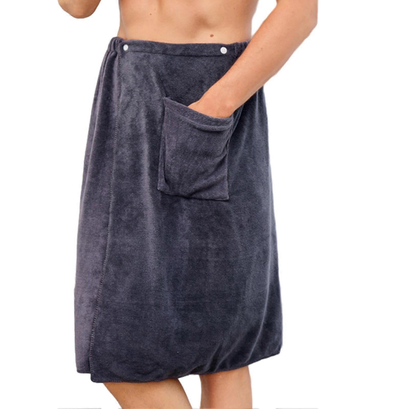 Quick Dry Microfibre Bath Towel Body Wrap For Men, Adjustable Buttons, Pocket, Gray